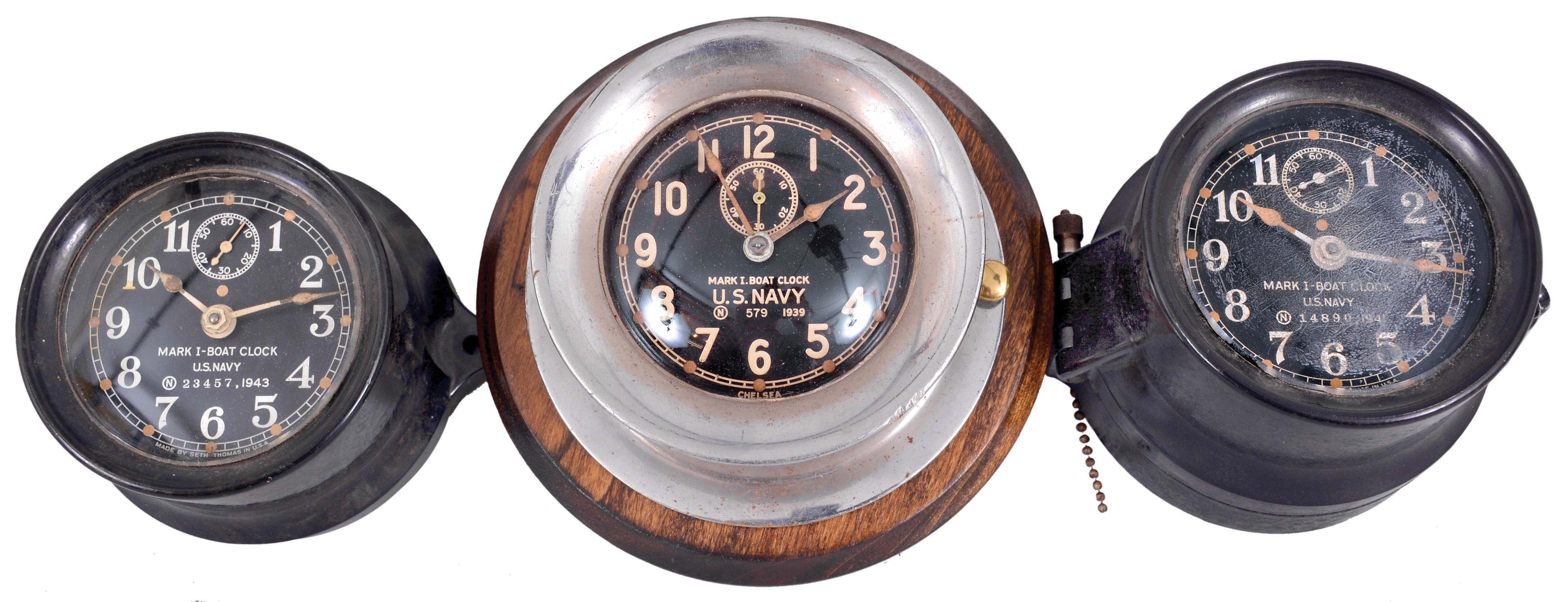 Clocks- 3 (Three) Seth Thomas Boat Clocks: (1) Seth Thomas clock Co., Thomaston, Conn., "Mark I Boat Clock, U.S. Navy", 8 day, time only movement with a 3.5 inch dial in a black phenolic case, serial 23457, dated 1943; (2) Seth Thomas clock Co., Thomaston, Conn., "Mark I Boat Clock, U.S. Navy", 8 day, time only movement with a 3.5 inch dial in a black phenolic case, serial 14890, dated 1941; (3) Seth Thomas clock Co., Thomaston, Conn., "Mark I Boat Clock, U.S. Navy", 8 day, time only movement with a 3.5 inch dial in a nickel plated brass case, serial 579, dated 1939. — Antique Clocks Price Guide