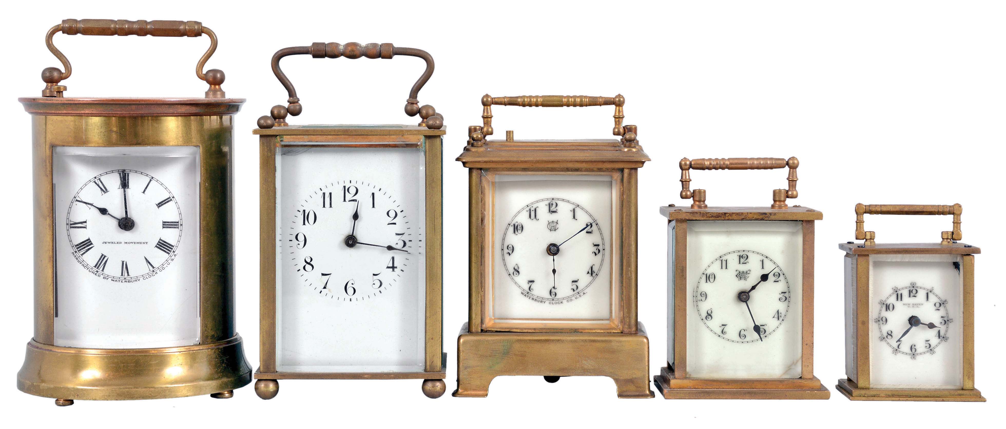 Clocks- 5 (Five) Carriage Clocks: (1) Waterbury Clock Co., Conn., "Satellite" carriage clock, 8 day, time and strike with repeater, spring-driven balance wheel movement, c1909; (2) France, carriage clock, 8 day, time only, spring-driven movement with simple balance; (3) Waterbury Clock Co., Conn., "Conductor" carriage clock, 30 hour, time and strike with repeater, spring-driven balance wheel movement, c1893; (4) Waterbury Clock Co., Conn., "Midge" carriage clock, 30 hour, time only, spring-driven balance wheel movement, c1909; (5) New Haven Clock Co., New Haven, Conn., carriage clock, 30 hour, time only, spring driven balance wheel movement. — Antique Clocks Price Guide