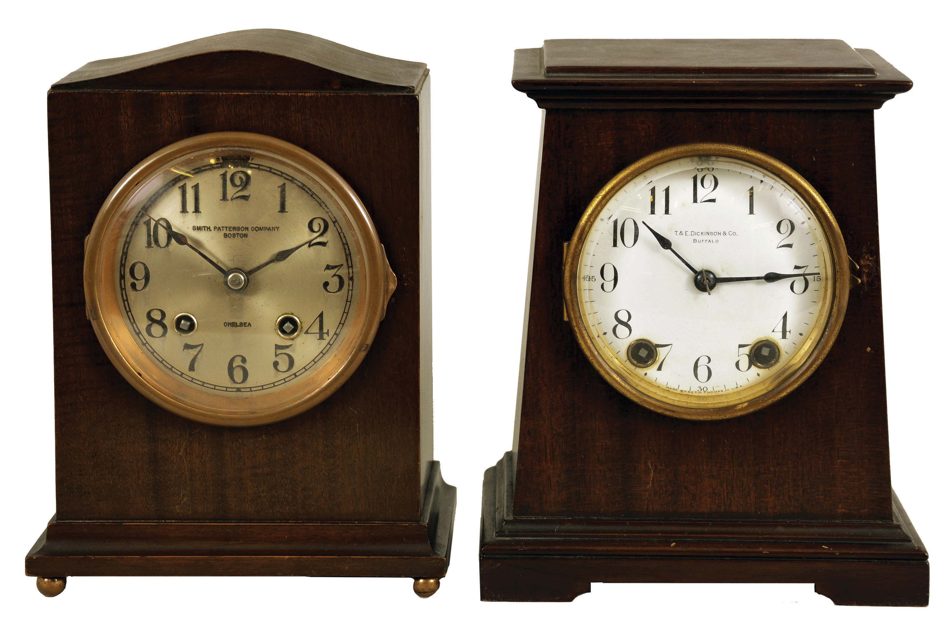 Clocks- 2 (Two) Mahogany Mantel: (1) Chelsea Clock Co., Boston for Smith, Patterson Co., Boston, "Babro No. 105" mantel clock, 8 day, time and house strike, spring-driven movement in a mahogany case with 4 inch silvered dial, serial number 109644, c1917: (2) Seth Thomas Clock Co., Thomaston, CT for T. & E. Dickinson & Co., Buffalo, "Derby" cabinet clock, 8 day, time and strike, spring-driven round movement in a mahogany case with white enamel dial, c1915. — Antique Clocks Price Guide