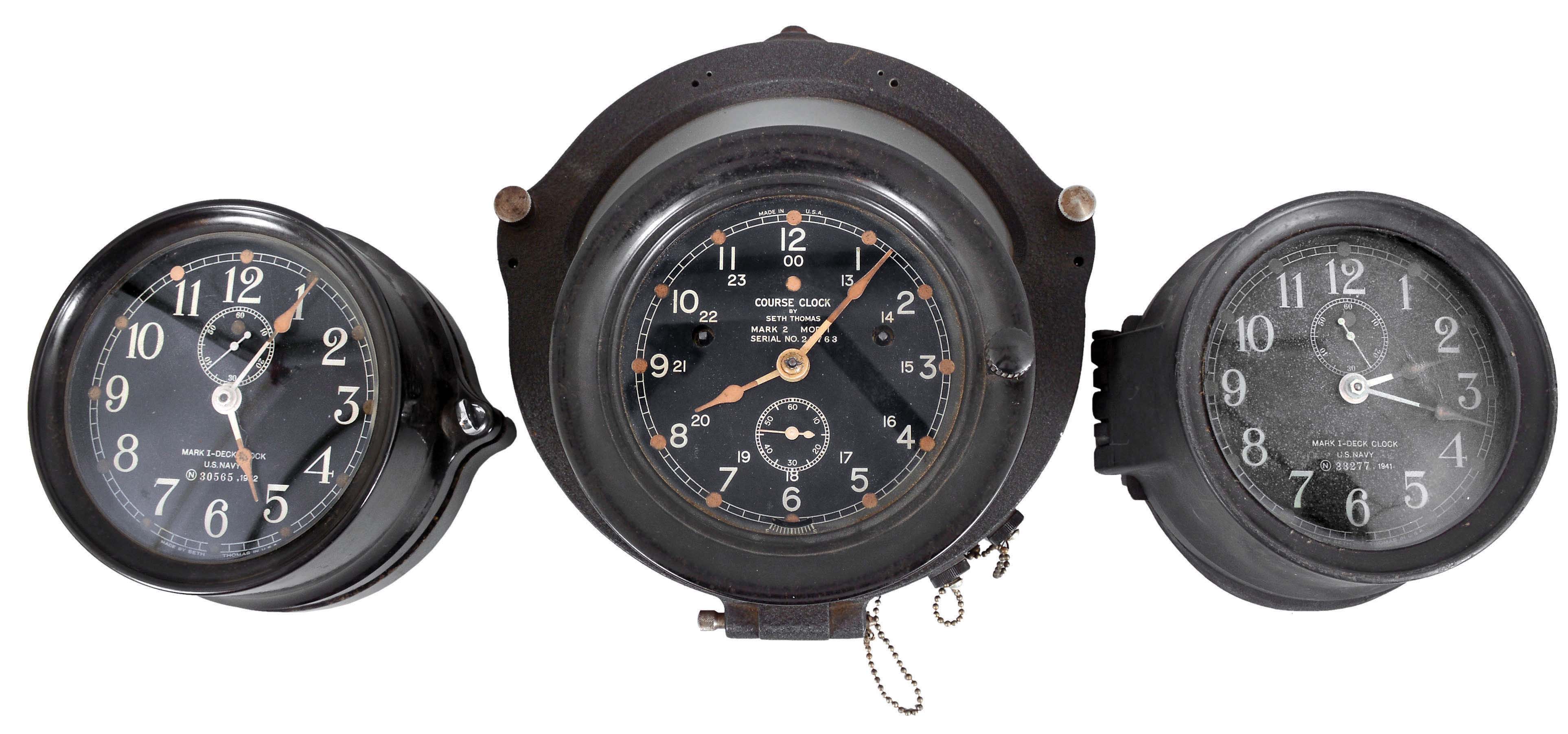 Clocks- 3 (Three) Seth Thomas Marine: (1) U.S. Navy, "Mark I Deck Clock", 8 day, time only, spring-driven balance wheel movement with subsidiary seconds, rear wind, in a black phenolic case with a 5.5 inch dial and mounting plate, serial number 30565, dated 1942; (2) U.S. Navy, "Mark I Deck Clock", 8 day, time only, spring-driven balance wheel movement with subsidiary seconds, rear wind, in a black phenolic case with a 5.5 inch dial and mounting plate, serial number 33277, dated 1941; (3) "Course Clock, Mark 2, Model 1", 8 day, time and course bell, spring-driven balance wheel movement with subsidiary seconds in a black metal case with phenolic bezel, 5.5 inch dial and partial course mechanism, serial number 20763; — Antique Clocks Price Guide