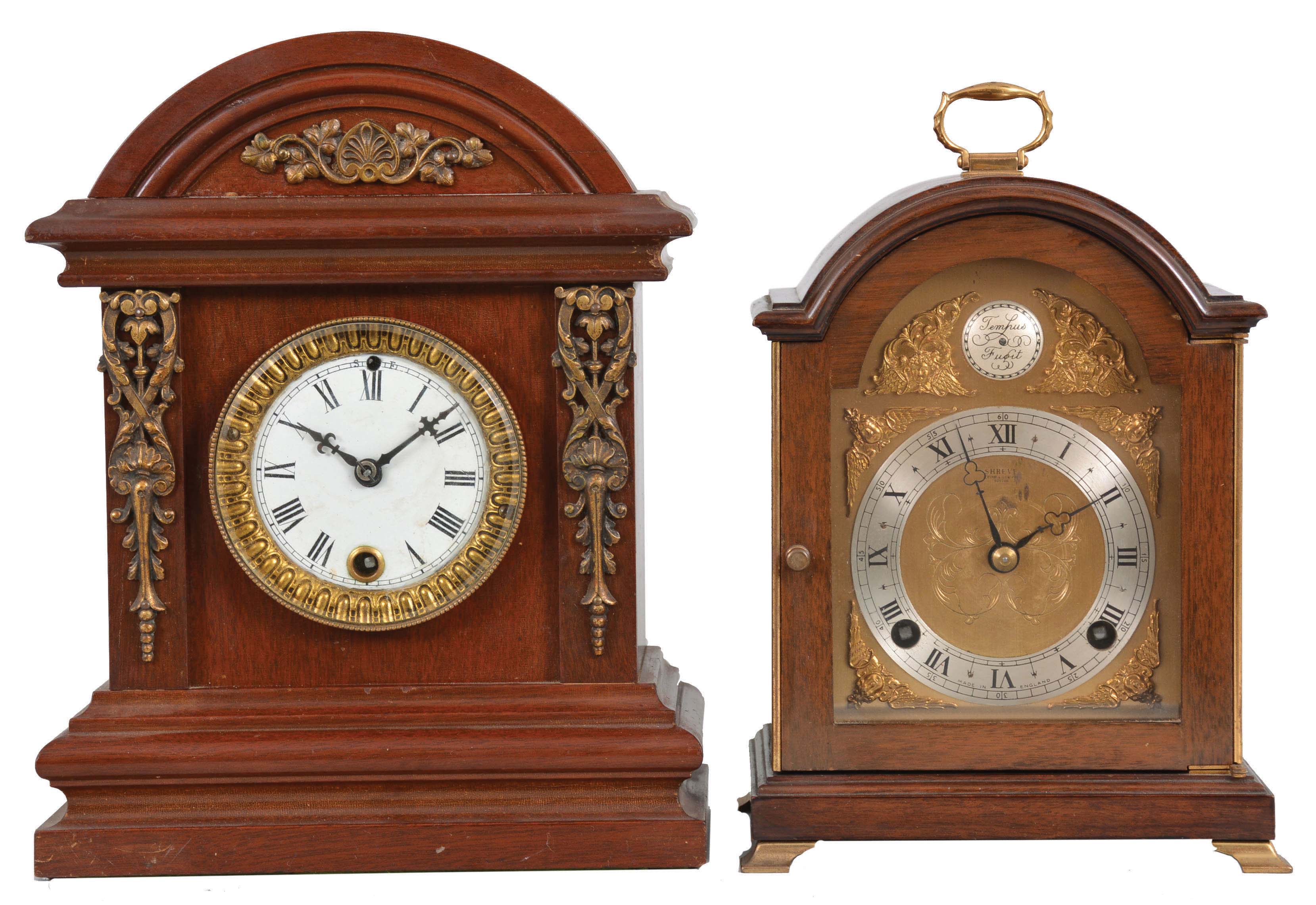 Clocks- 2 (Two) Mantel: (1) Ansonia Clock Co., New York, "Huddersfield" cabinet clock, 8 day, time only, spring-driven movement in a mahogany case with brass trimmings and white enamel dial, c1894; (2) F.W. Elliot, Croyden, England for Shreve, Crump & Low, Boston, miniature bracket clock, 8 day, time and strike, spring-driven, 7 jewel balance wheel movement in a walnut case with brass dial, silver chapter ring, applied spandrels, trefoil hands, c1960. — Antique Clocks Price Guide