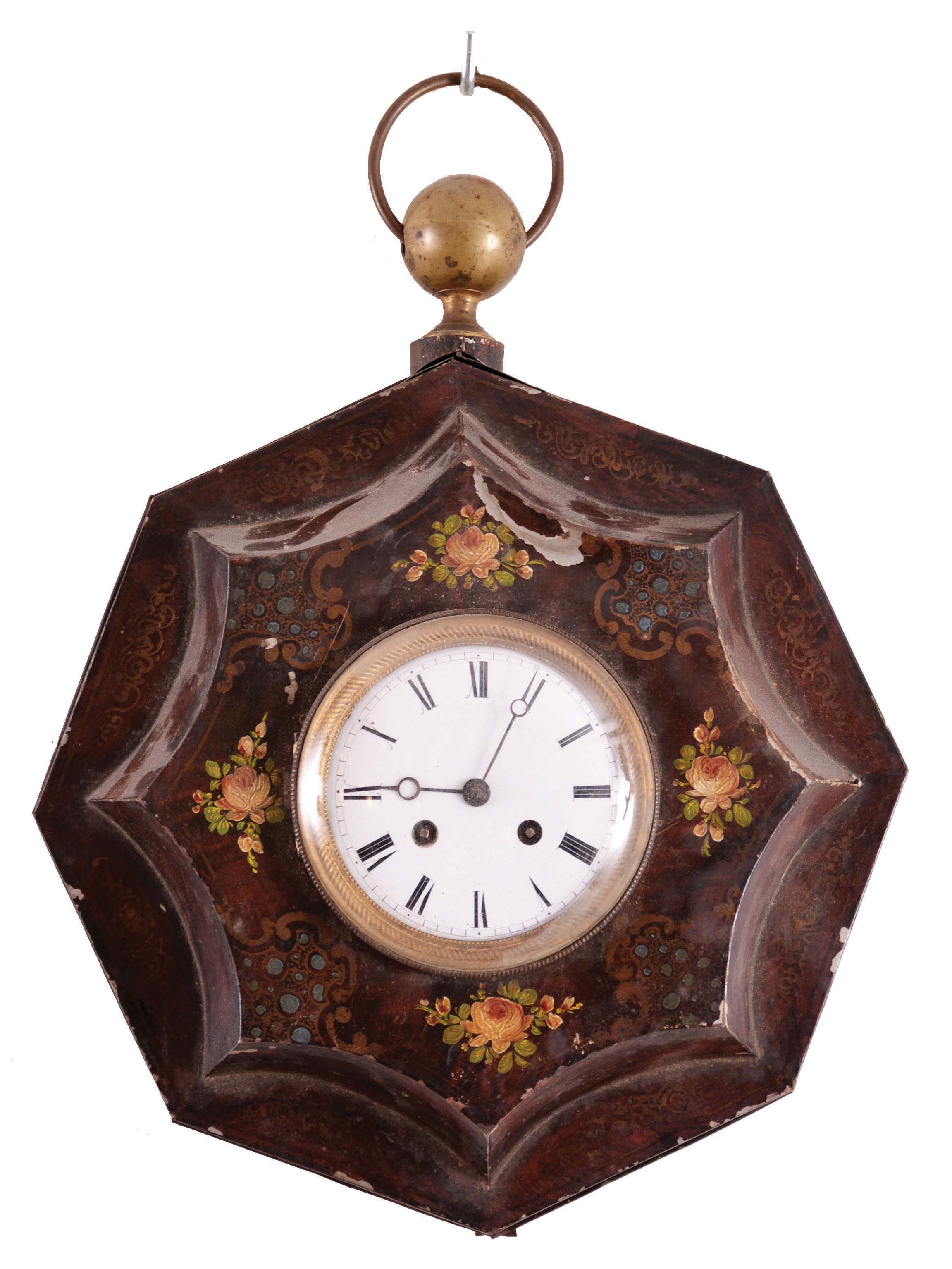 Clocks- 4 (Four) Hanging Clocks: (1) Japy Freres & Cie., France, octagonal wall clock, 8 day, time and strike, spring-driven pendule de Paris movement in a painted metal case with white enamel dial, c1900; (2) E. Ingraham, Bristol, Conn., "Dew Drop" wall clock, 8 day, time and simple calendar, spring-driven movement in an grain-painted case with 12 inch dial, c1900; (3) Wm. L. Gilbert, Winstead, Conn., wall clock, 8 day, time only, spring driven movement in a wood case with folk-stencil motif, c1935; (4) E.N. Welch, Forestville, Conn., "Donita" hanging clock, 8 day, time and strike, spring-driven movement in a walnut case with "Eclipse" pendulum, c1892. — Antique Clocks Price Guide