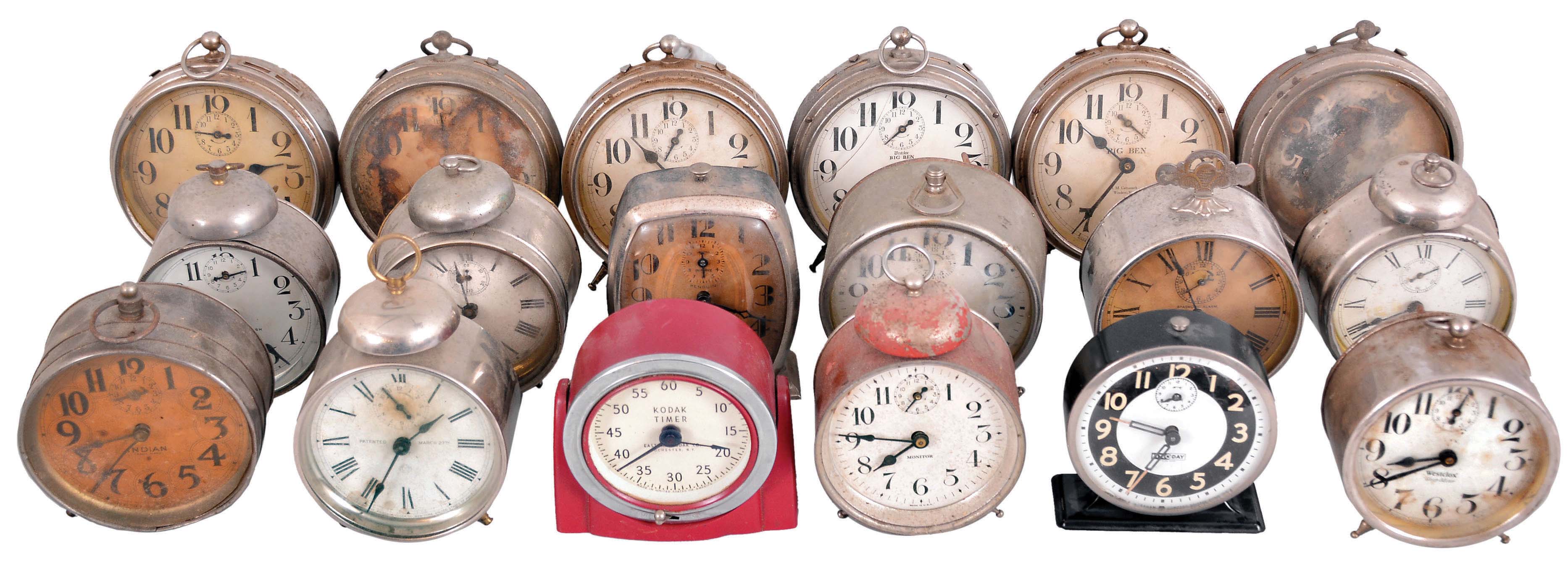 Clocks- 33 (Thirty-three) Alarm Clocks, Desk, and Novelty Clocks: large lot of small clocks by makers including Westclox, Ingraham, Ansonia, Waterbury, Swiza, LeCoultre, and others. Also three brass & glass cases. — Antique Clocks Price Guide