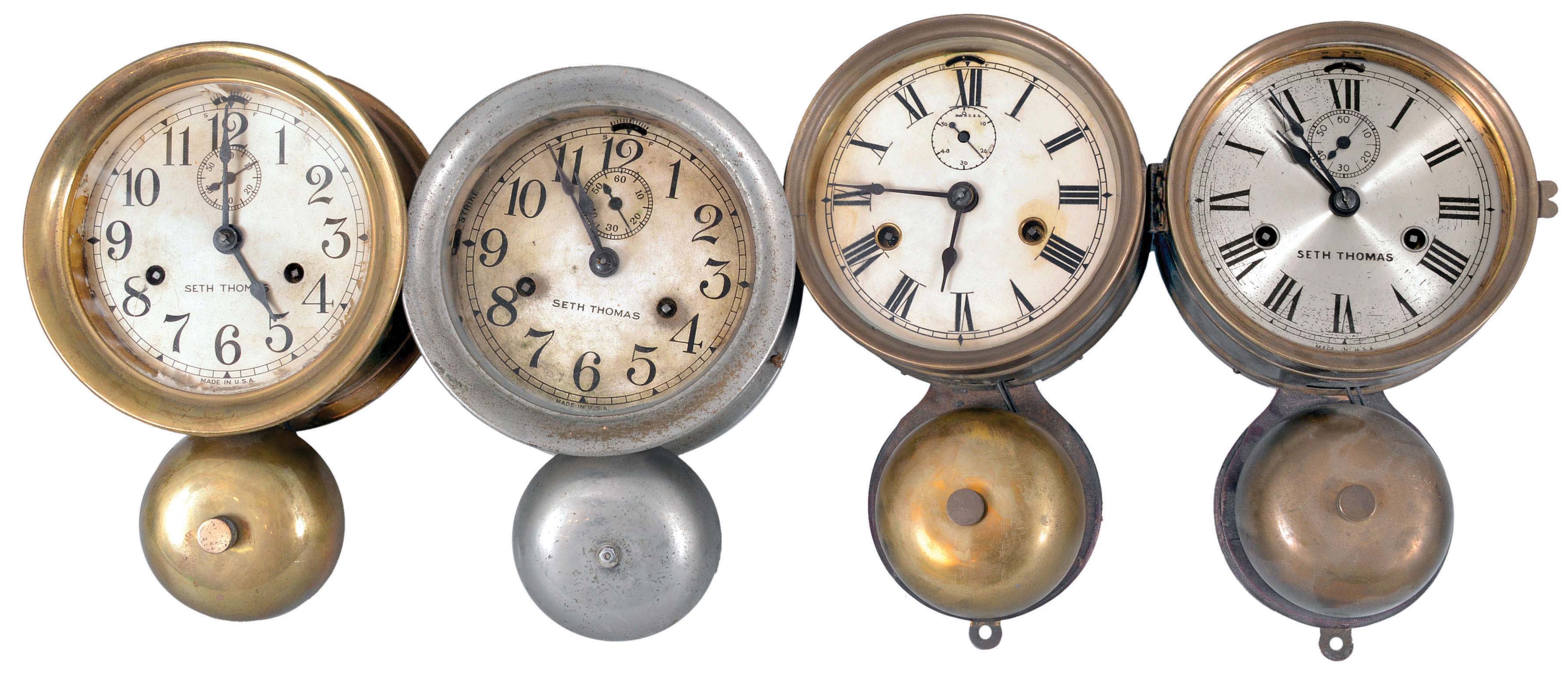 Clocks- 4 (Four) Seth Thomas Marine Clocks: Two Seth Thomas Clock Co., "Ship's Bell" marine clocks and two "Monitor" marine clocks, all 30 hour, time and ship's strike, spring-driven balance wheel movements in brass or nickel plated cases with hinged or bayonet-fit bezels, silvered or paper dials, and exterior bells. — Antique Clocks Price Guide