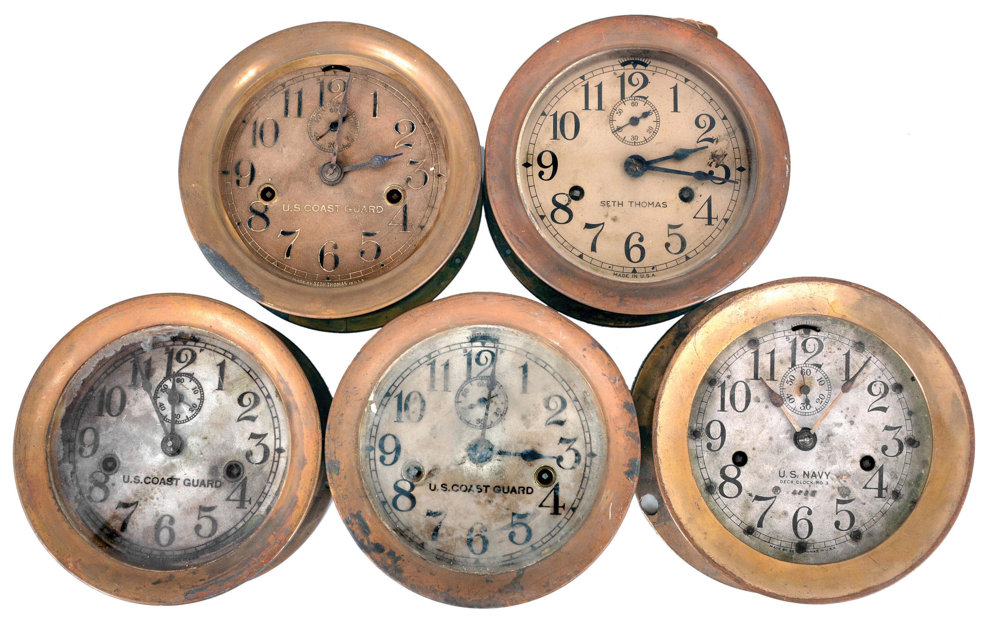 Clocks- 10 (Ten) Seth Thomas Marine Clocks: marine clocks by Seth Thomas for the U.S. Coast Gaurd, U.S. Navy, U.S. Shipping Board, and for retail sale. Some are time and ship's strike while others are time only and twin-spring time only. One wood case, one phenolic case, with the rest are in brass cases, most with silvered dials. — Antique Clocks Price Guide