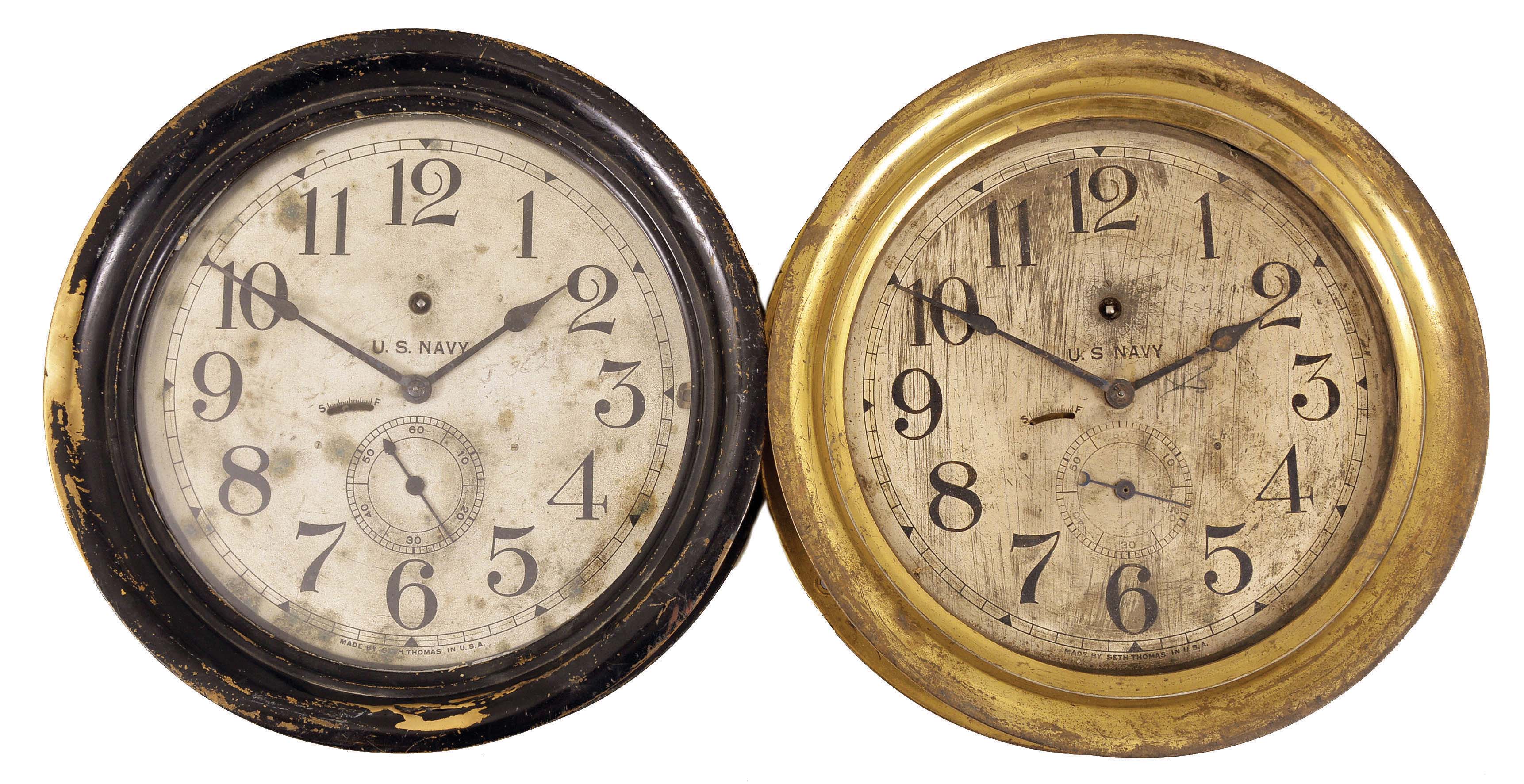 Clocks- 2 (Two) Seth Thomas Ship's Lever: Seth Thomas Clock Co., Thomaston, Conn., "Ship's Lever No. 8", 8 day, time only, spring-driven, balance wheel movements in brass cases with hinged bezels, one painted black, 8.5 inch silvered dials with subsidiary seconds. — Antique Clocks Price Guide