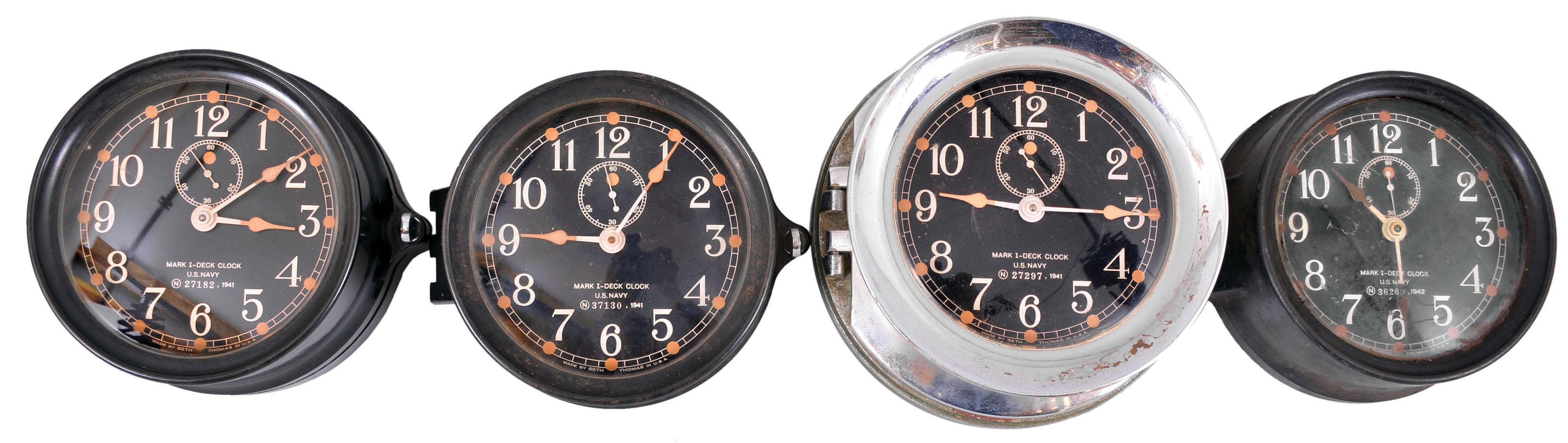 Clocks- 4 (Four) Seth Thomas Marine: Seth Thomas Clock Co., Thomaston, Conn., for the U.S. Navy, "Mark I- Deck Clock", 8 day, time only, spring-driven balance wheel movements with rear wind, three in black phenolic case and one in a nickel plated case, two with mounting plates, all with black dials and subsidiary seconds, dated 1941 and 1942; — Antique Clocks Price Guide