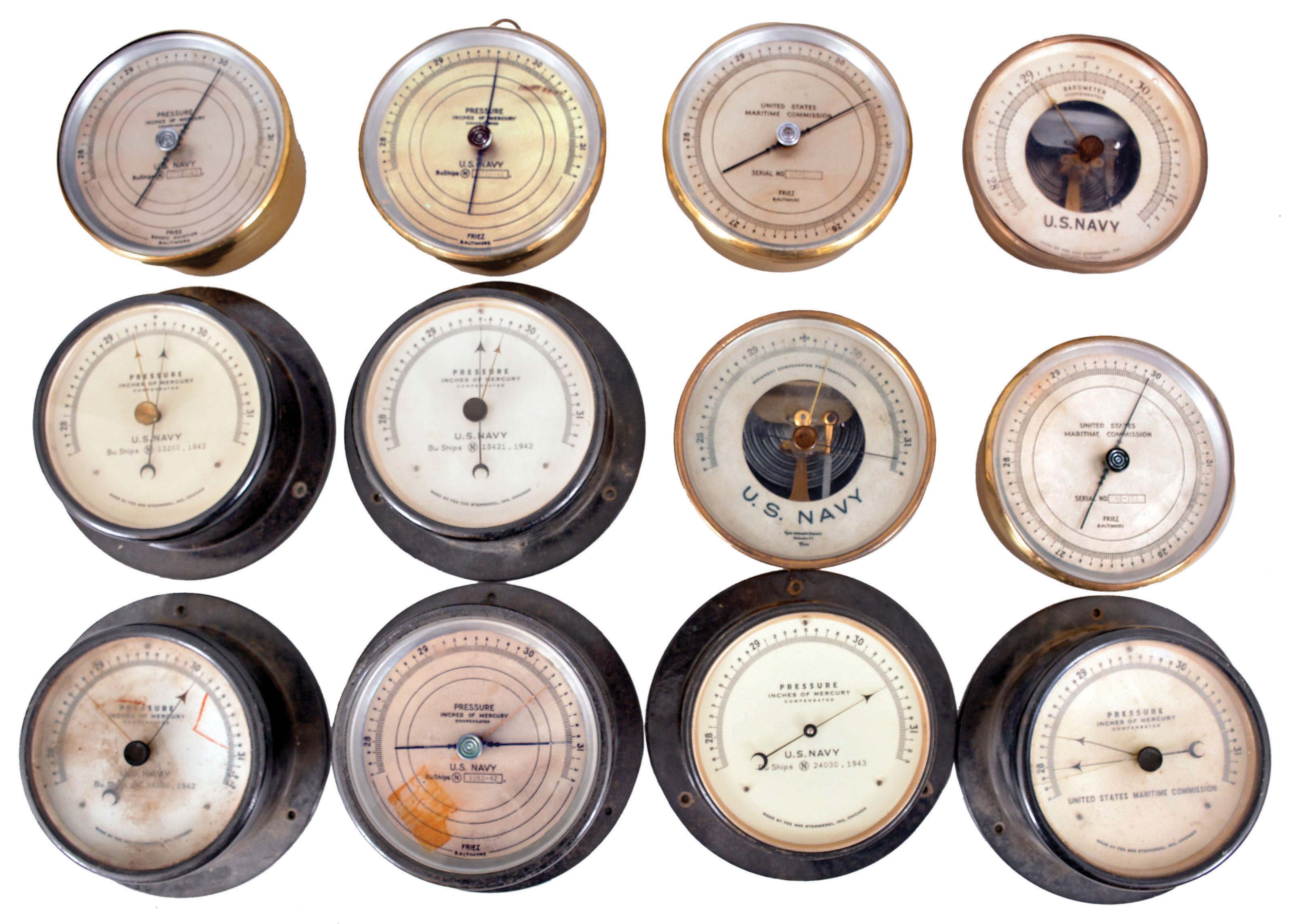 Barometers- 12 (Twelve) Barometers: 12 aneroid barometers for the U.S. Navy and U.S. Maritime Commission by Fee & Stemwedel of Chicago, Friez of Baltimore, and Taylor Instrument Companies of Rochester, New York. — Antique Clocks Price Guide