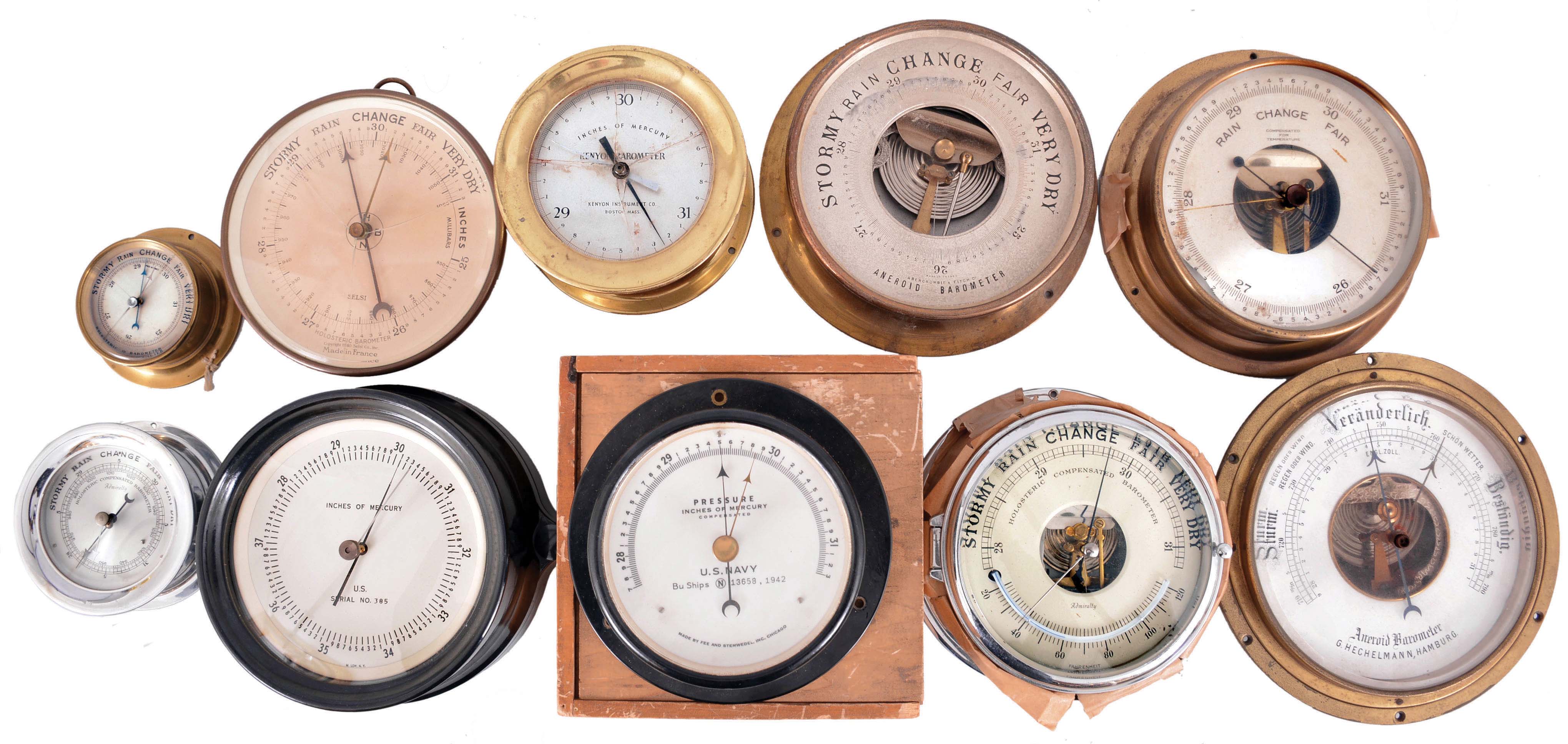 Barometers- 10 (Ten) Barometers: French, German, and American made aneroid barometers, some with thermometers by makers such as Selsi, M. Low, Fee & Stemwedel, G. Hechelmann, Kenyon, Abercrombie & Fitch, and Admiralty. — Antique Clocks Price Guide