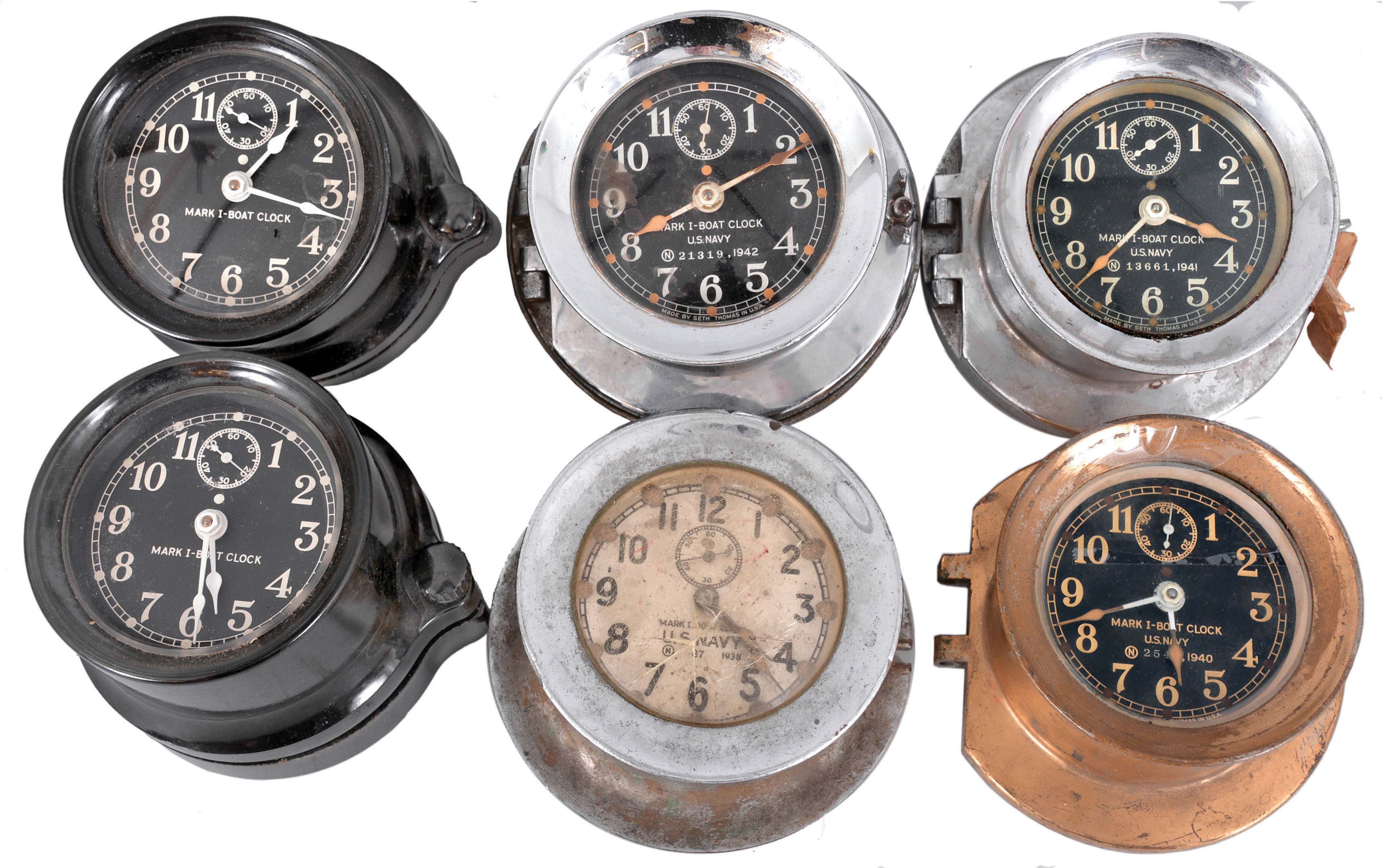 Clocks- 6 (Six) Mark I Boat Clocks: One by Chelsea, two by M. Low, and three by Seth Thomas, 8 day, time only, spring-driven balance wheel movments in brass, nickel plated, and black phenolic cases with hinged bezels and subsidiary seconds. — Antique Clocks Price Guide