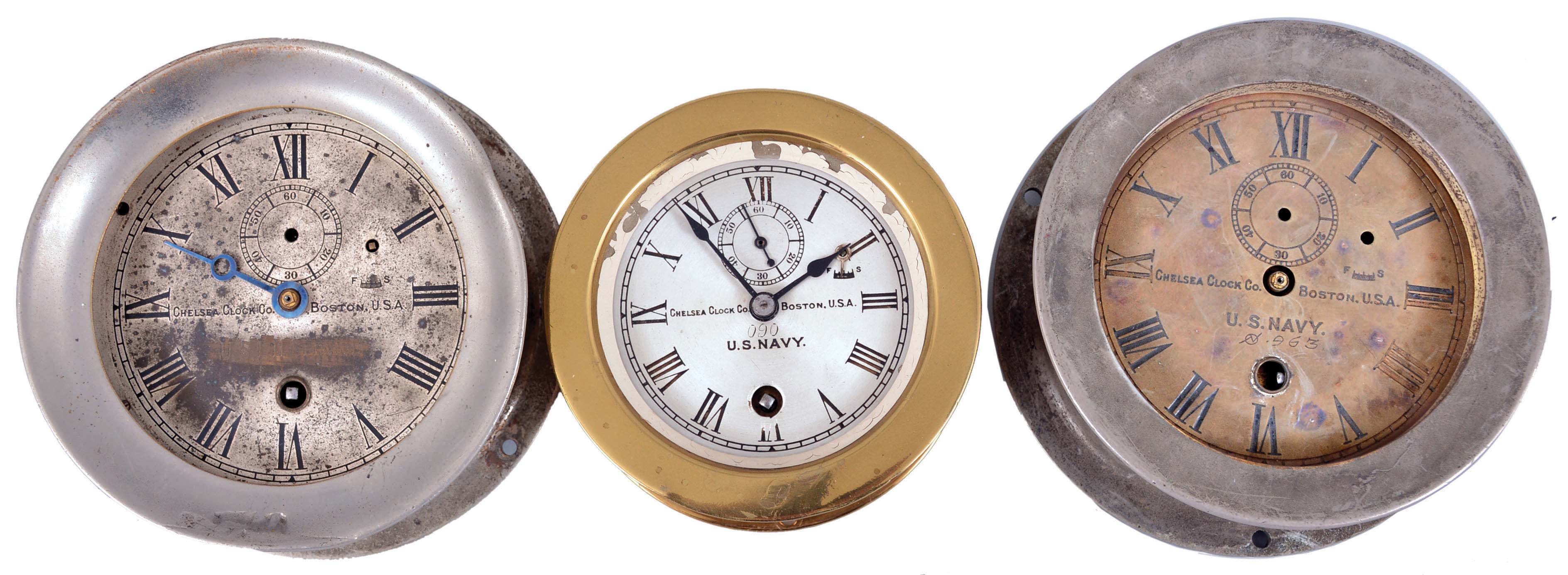 Clocks- 4 (Four) Chelsea Deck Clocks: Chelsea Clock Co., Boston, for U.S. Navy and U.S. Light House Service, deck clocks, 8 day, time only, spring-driven balance wheel movements in brass and nickel plated cases with screw-on bezels, 4.5 and 3.5 inch silvered dials. — Antique Clocks Price Guide