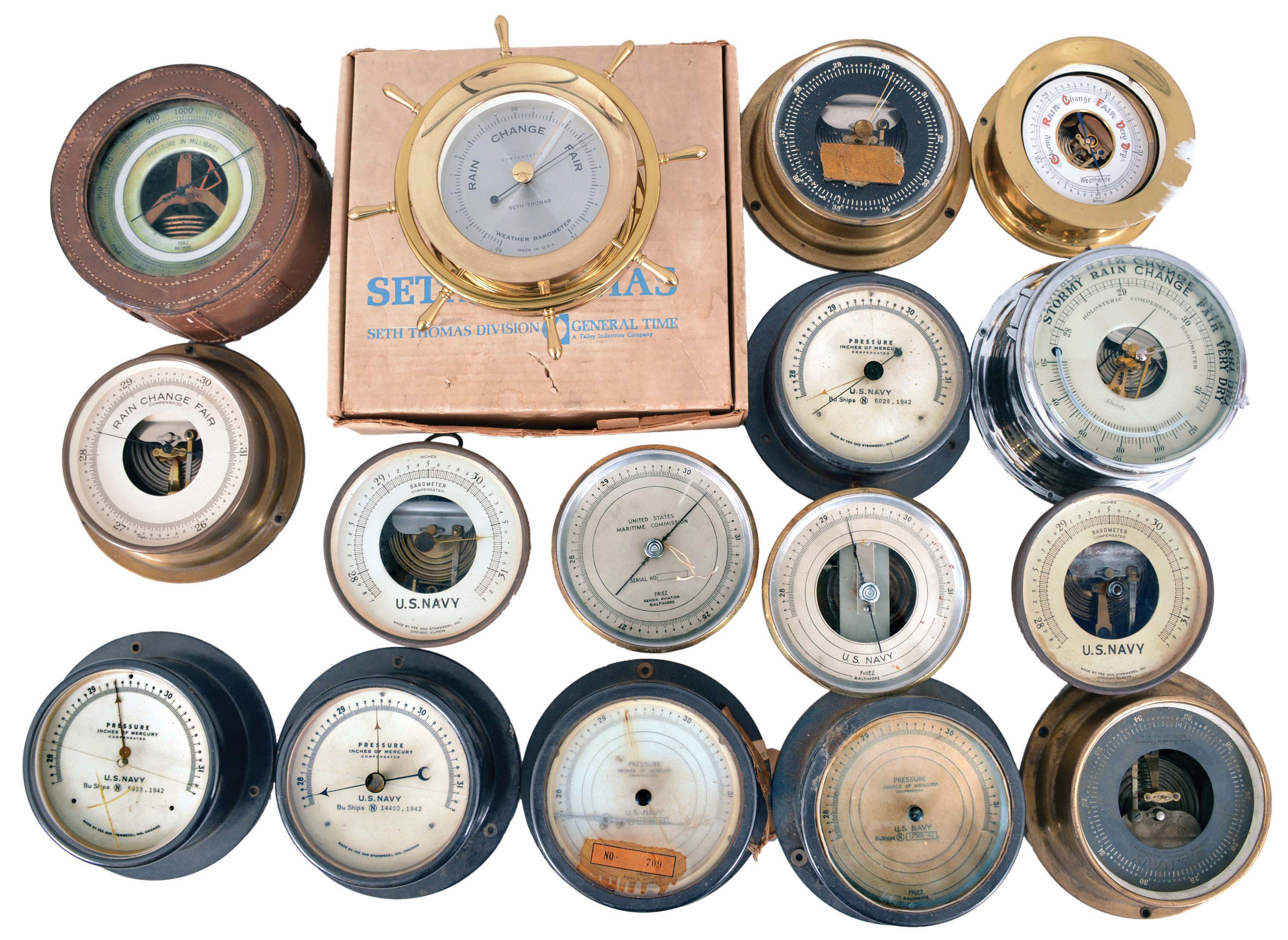 Barometers- 16 (Sixteen) Barometers: aneroid barometers, many for the U.S. Navy, by makers such as Friez, Seth Thomas, Fee & Stemwedel, Admiralty, Weatherite, and Taylor. — Antique Clocks Price Guide