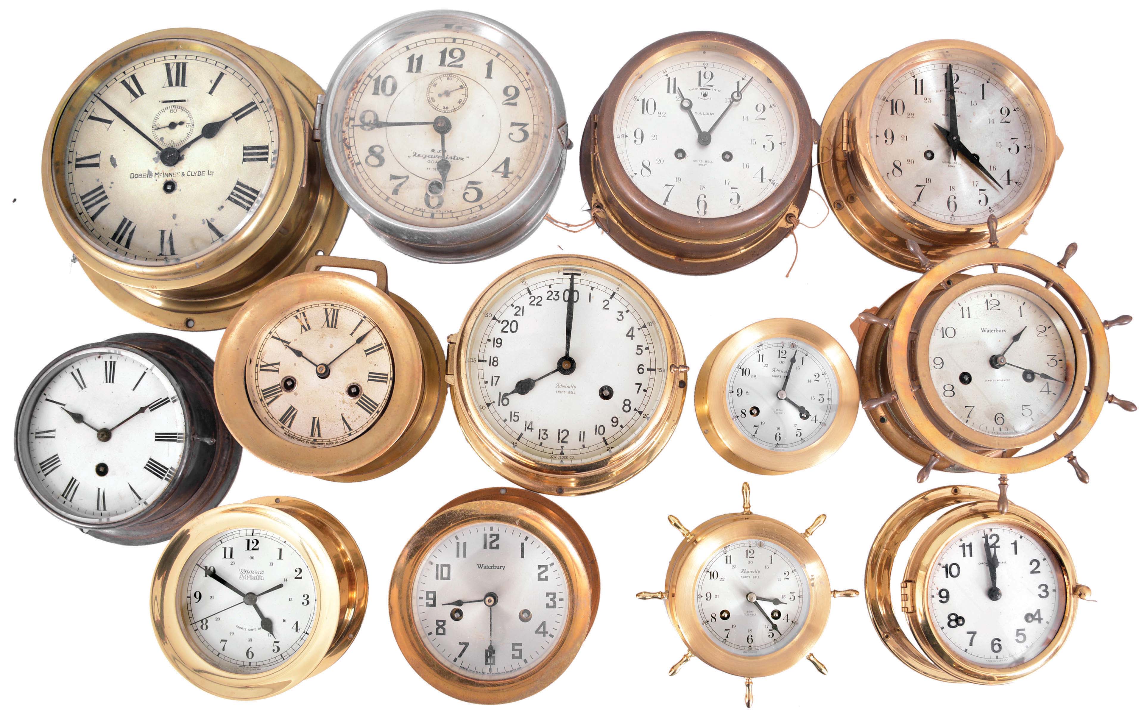 Clocks- 13 (Thirteen) Marine Clocks: assortment of marine clocks by makers including Admiralty, Buren, Salem, Waterbury, and Weems & Plath. — Antique Clocks Price Guide