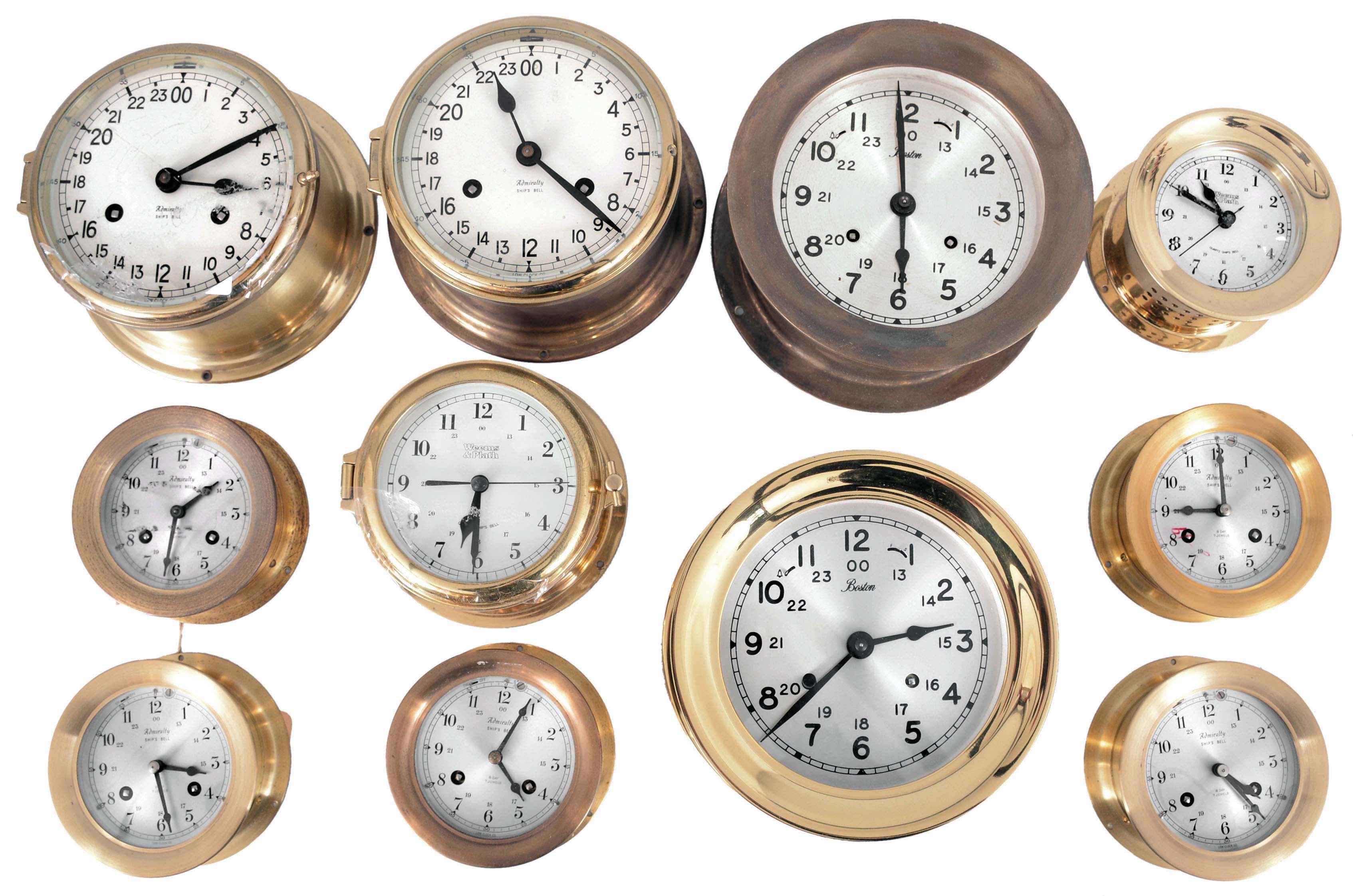 Clocks- 17 (Seventeen) Marine and Other Clocks: assortment of marine and other clocks by makers including Admiralty, Boston, Weems & Plath, Seiko, and Detex. — Antique Clocks Price Guide