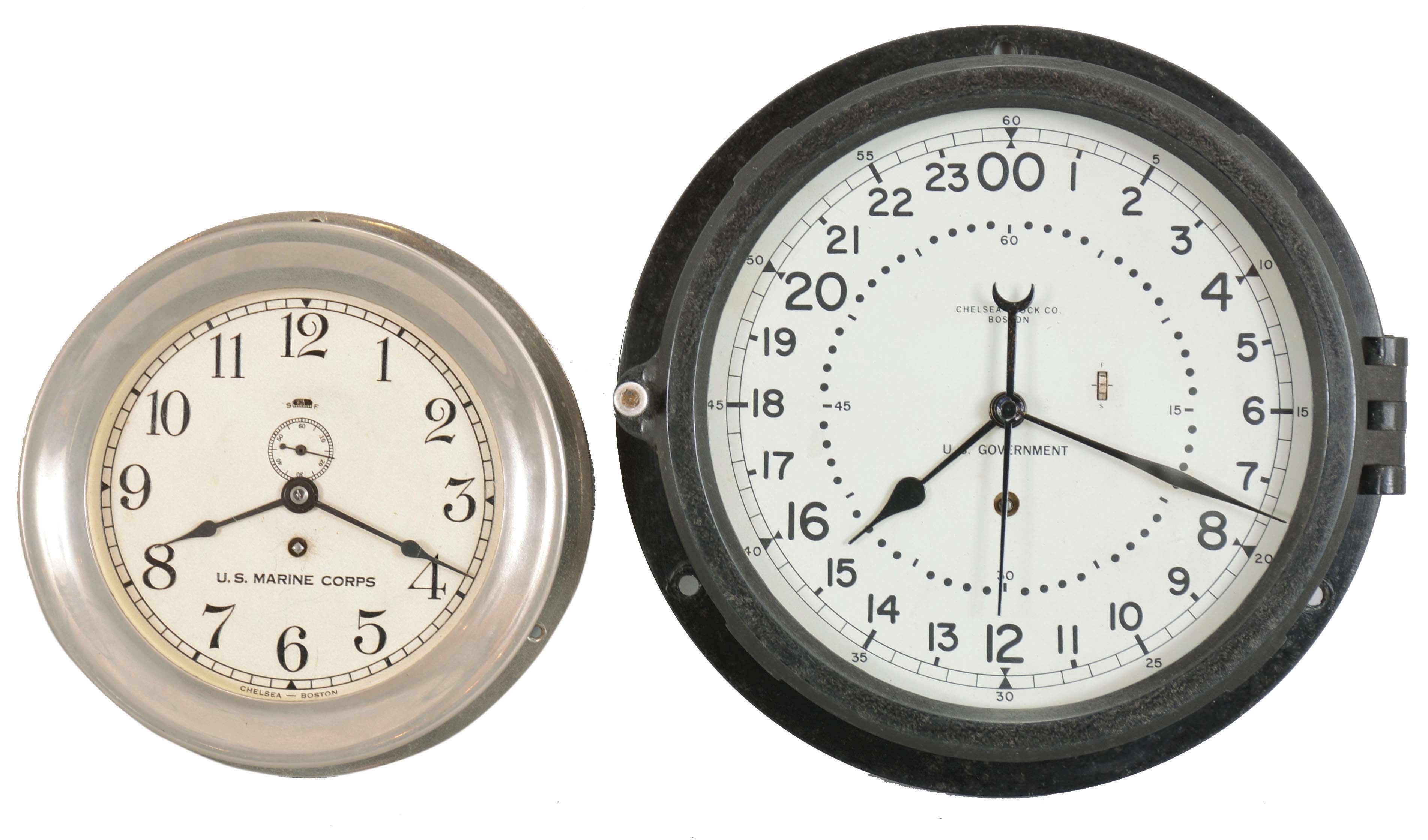 Clocks- 2 (Two): (1) Chelsea Clock Co., Chelsea, Mass., 8 day, spring brass lever movement nickel plated engine or wardroom timepiece. Serial No. 147064, c1921. (2) Chelsea Clock Co., Chelsea, Mass., 8 day spring brass lever movement bakelite case engine or wardroom wall timepiece. Serial No. 853796 c1984. — Antique Clocks Price Guide
