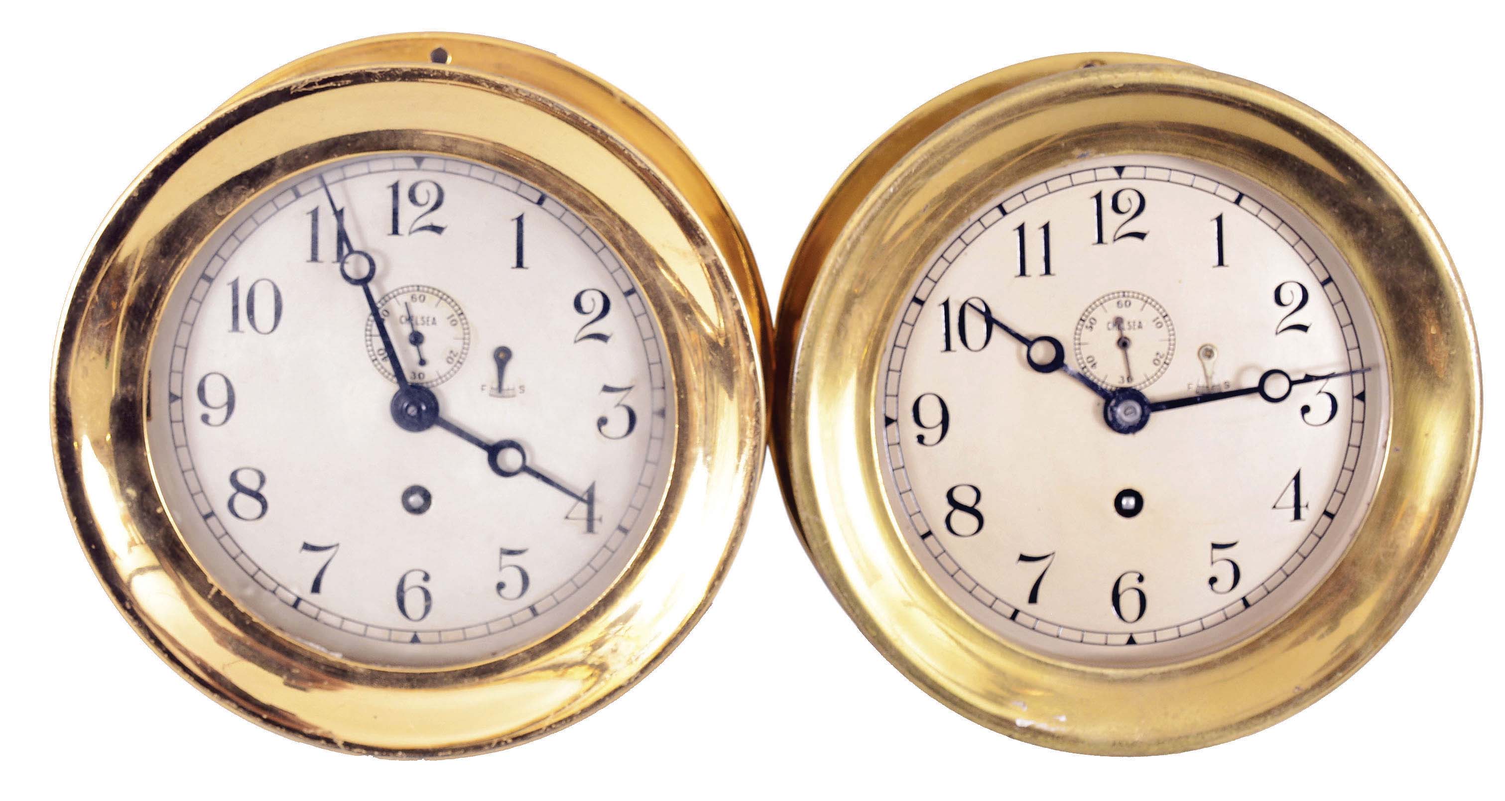 Clocks- 2 (Two) Chelsea Marine: Chelsea Clock Co., Boston, Mass., marine clocks, 8 day, time only, spring-driven jeweled balance wheel movements in brass cases, one with hinged bezel and one with screw-on bezel, 6 inch silvered dials with Arabic numerals and subsidiary seconds, blued steel hands. — Antique Clocks Price Guide