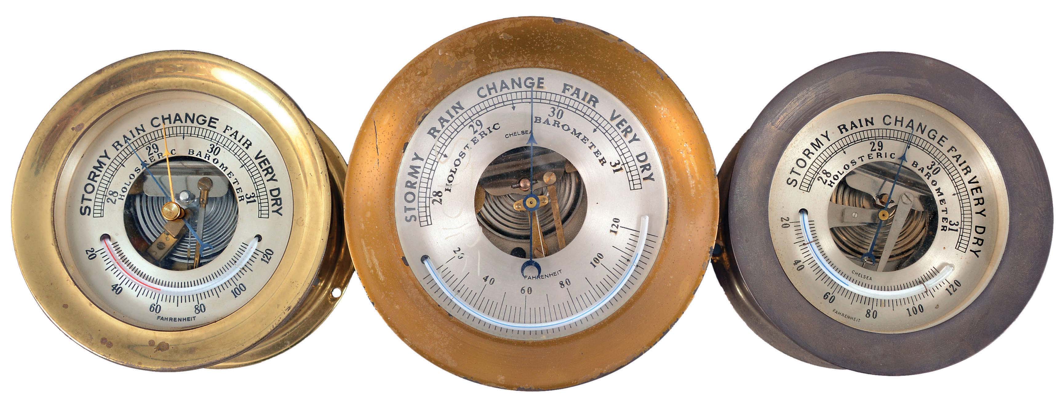 Barometers- 3 (Three) Marine Barometers: two signed by Chelsea Clock Co., Boston, Mass., holosteric barometers in brass cases with silvered dials and alcohol thermometers. — Antique Clocks Price Guide
