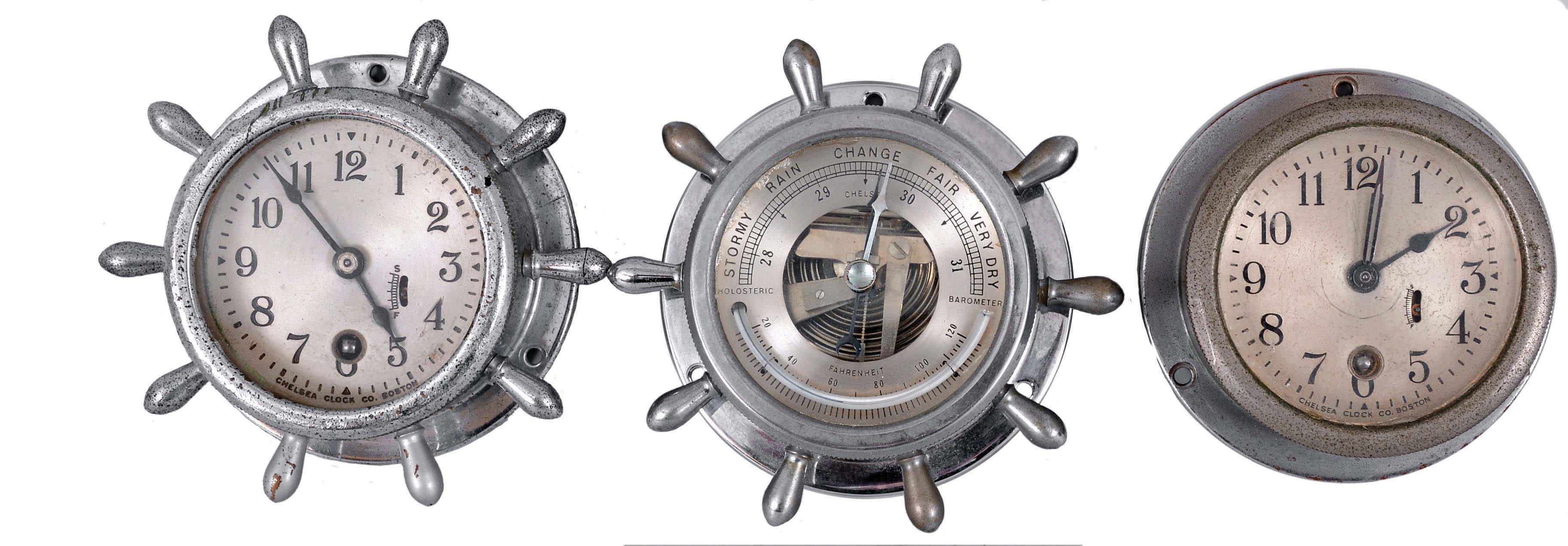 Clocks- 2 (Two) Small Chelsea: (1) Chelsea Clock Co., Boston, Mass., "Manhattan" clock and barometer set in the form of small ship's wheels with nickel plated cases and 2.75 inch silvered dials; (2) Chelsea auto or motor boat clock with nickel plated case and 2.75 inch silvered dial. — Antique Clocks Price Guide
