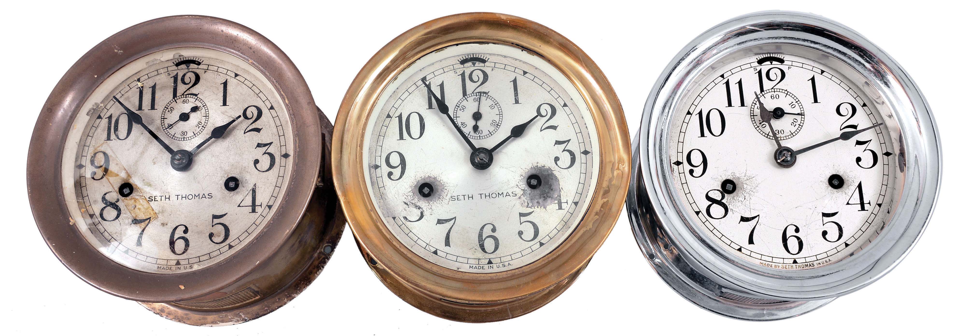 Clocks- 3 (Three) Seth Thomas Marine: Seth Thomas Clock Co., Thomaston, Conn., "Merrimac" marine clock, 30 hour, time and ship's strike, spring-driven simple balance movements in brass and nickel plated cases, 6 inch silvered dials with subsidiary seconds. — Antique Clocks Price Guide