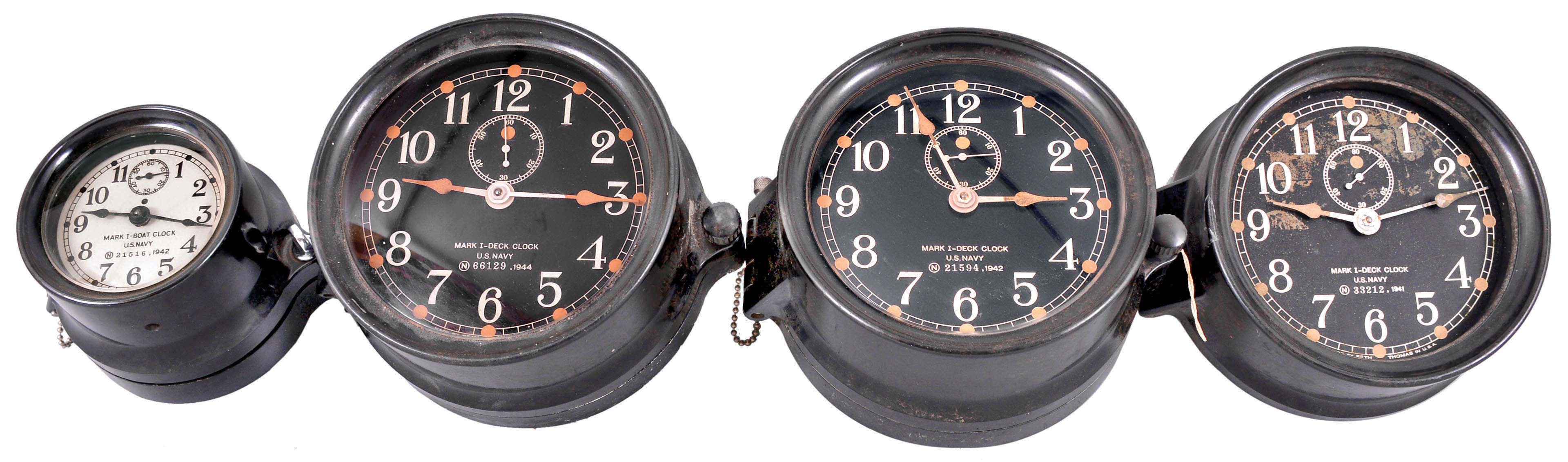 Clocks- 4 (Four) Seth Thomas Boat and Deck: Seth Thomas Clock Co., Thomaston, Conn., for U.S. Navy, three "Mark I- Deck Clocks" and one "Mark I- Boat Clock", 8 day, time only, spring-driven balance wheel movments in black phenolic cases with hinged bezels, three 6 inch and one 4 inch dial, all with subsidiary seconds, dating from 1941 to 1944. — Antique Clocks Price Guide