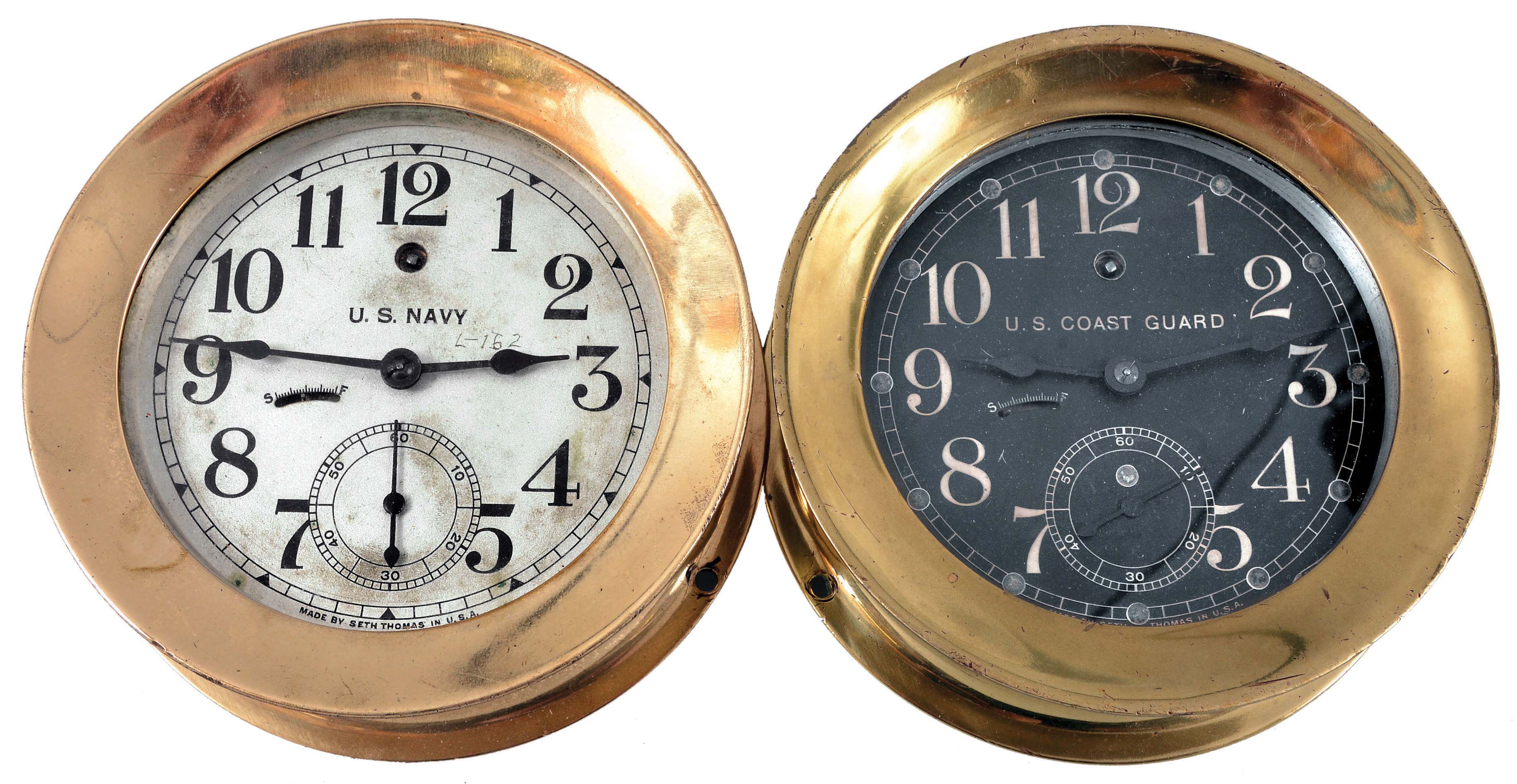 Clocks- 2 (Two) Seth Thomas Clocks for U.S. Military: Seth Thomas Clock Co., Thomaston, Conn., for U.S. Navy and U.S. Coast Guard, deck clocks, 8 day, time only, spring-driven balance wheel movments in heavy brass cases with screw-on bezels, 6 inch black and silvered dials with subsidiary seconds. — Antique Clocks Price Guide