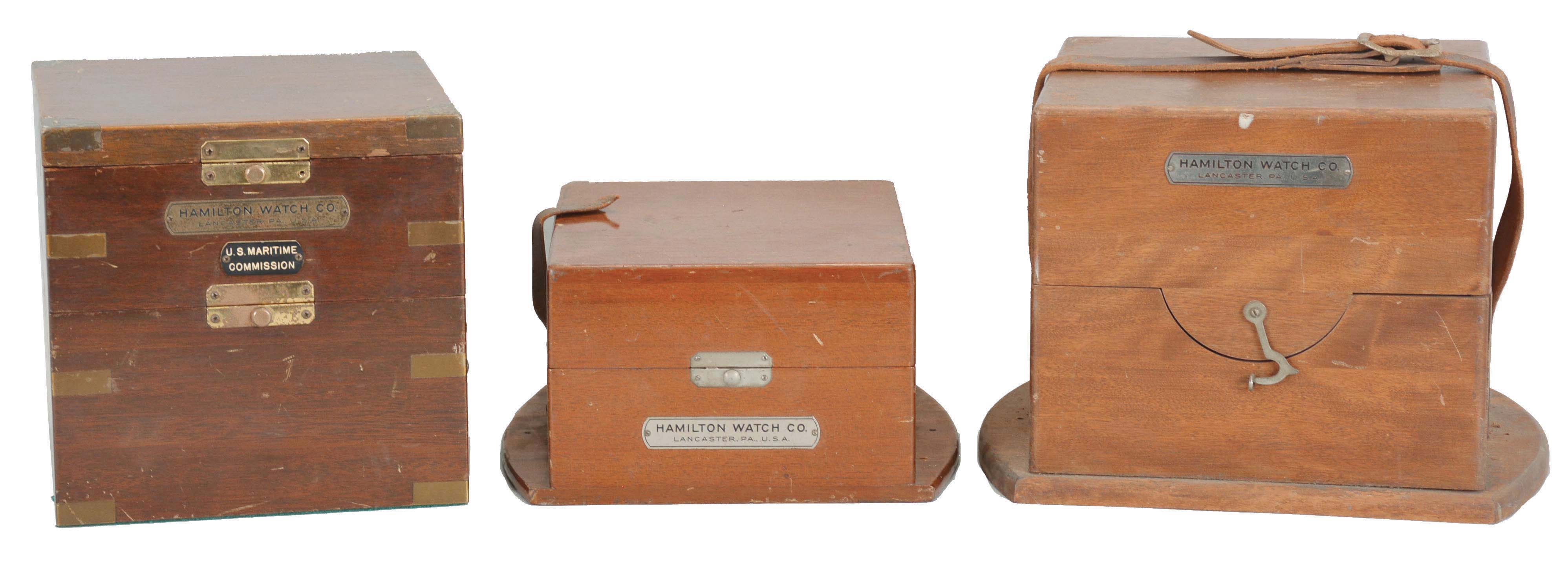 Chronometer and deck watch boxes, all Hamilton, model 21 box dimensions listed — Antique Clocks Price Guide