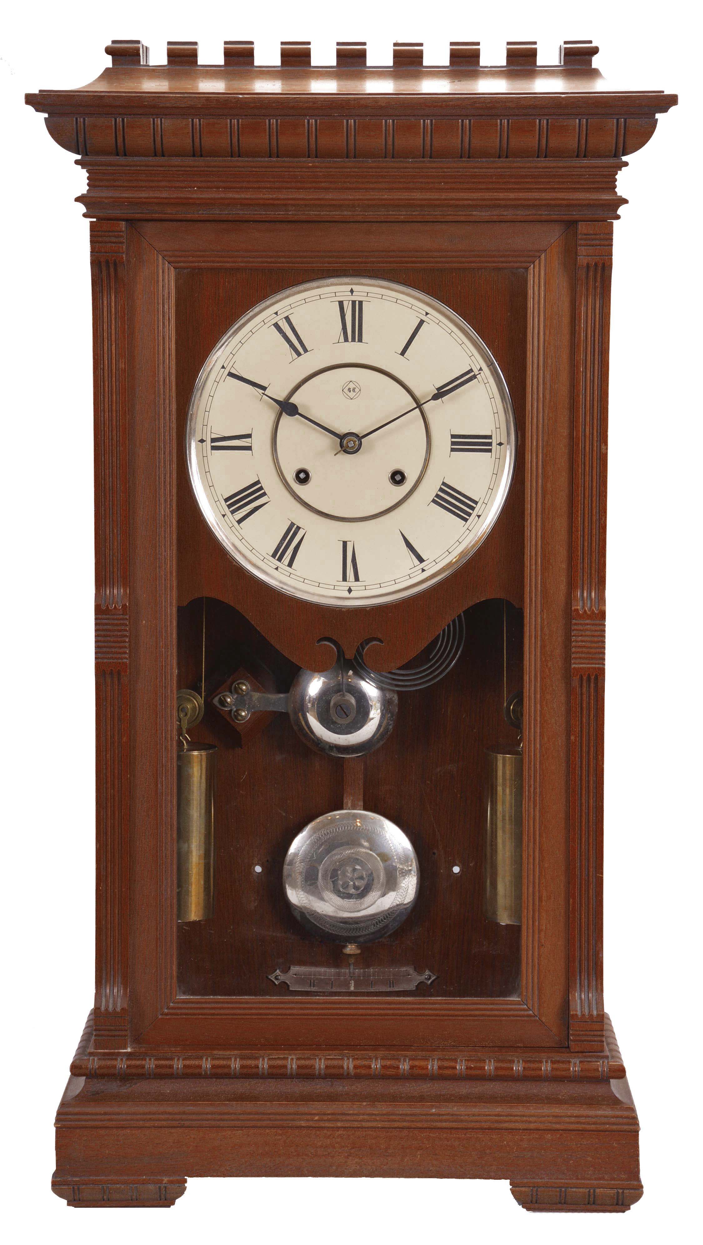 Seth Thomas Clock Co., Thomaston, Conn., "Garfield" shelf clock with a weight driven, 8 day, time and strike cathedral gong movement in a walnut case. — Antique Clocks Price Guide