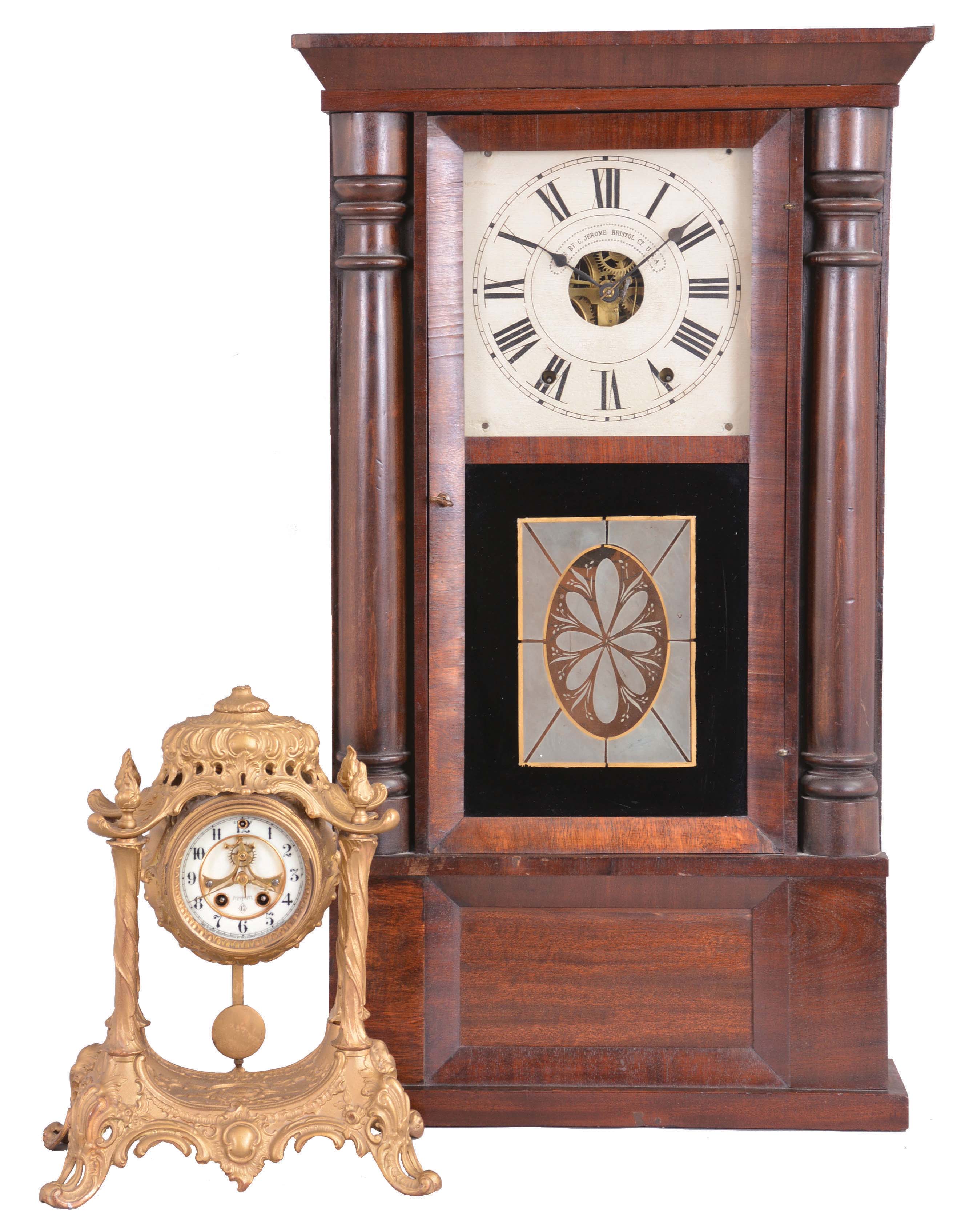 Clocks- 2 (Two): (1) Chauncey Jerome, New Haven, Conn., 8 day, time and strike, weight half column and cornice shelf clock, c1850 (2) William L. Gilbert Clock Co., Winsted, Conn., "Trinity", 8 day, time and strike, spring brass movement mantel clock, c1913 — Antique Clocks Price Guide