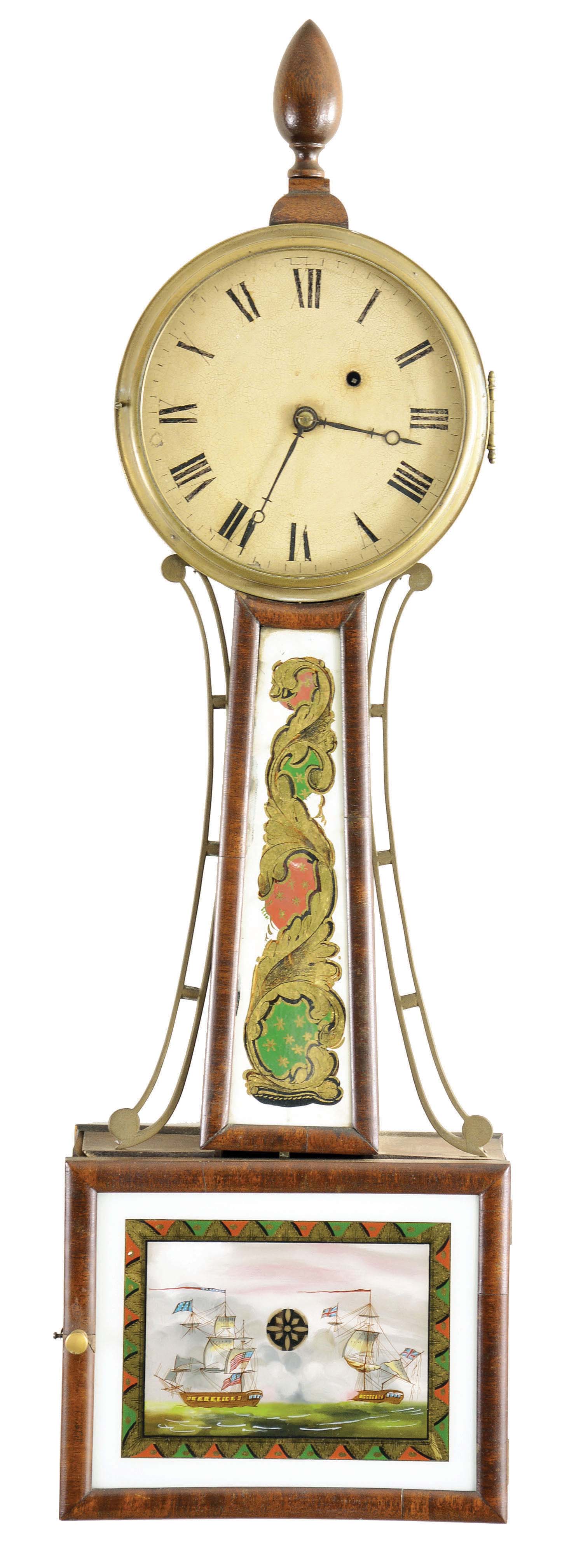 Unsigned, possibly New Hampshire, 8 day, weight brass movement patent or banjo timepiece. — Antique Clocks Price Guide