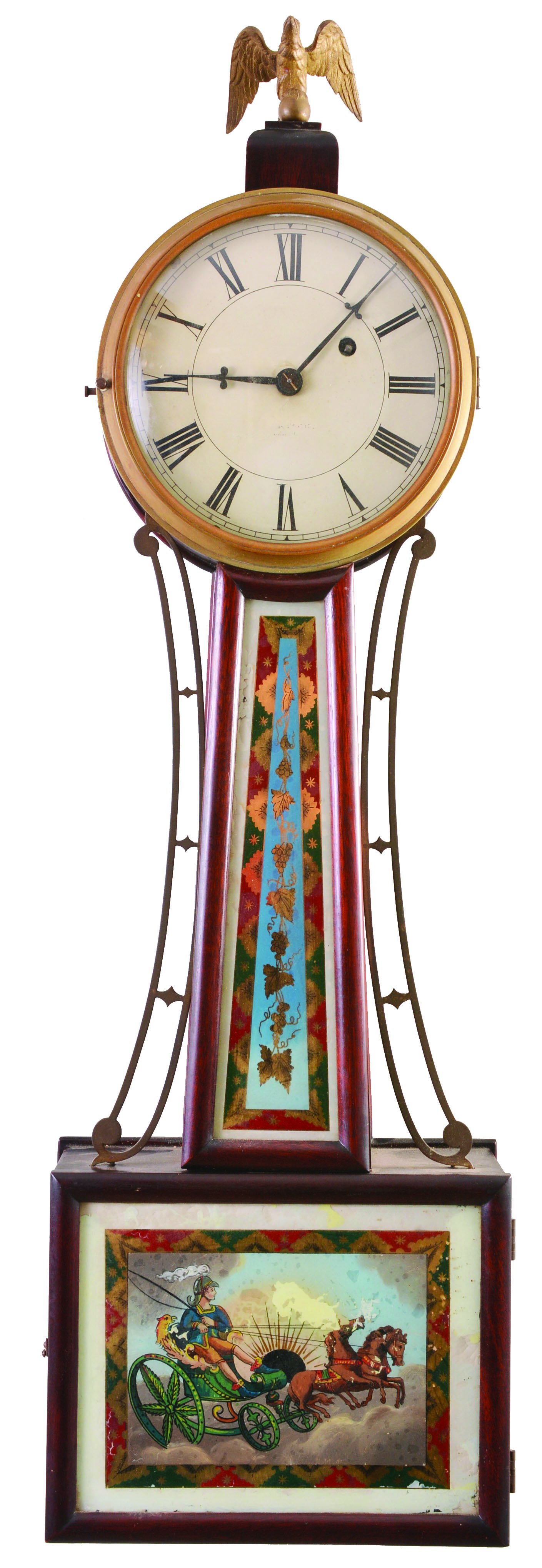 Herschede Clock Co., Cincinnati, Ohio, banjo clock retailed by Tiffany & Co., New York, 8 day, time only, weight driven movement in a mahogany case with a painted metal dial and reverse painted throat and lower tablets — Antique Clocks Price Guide