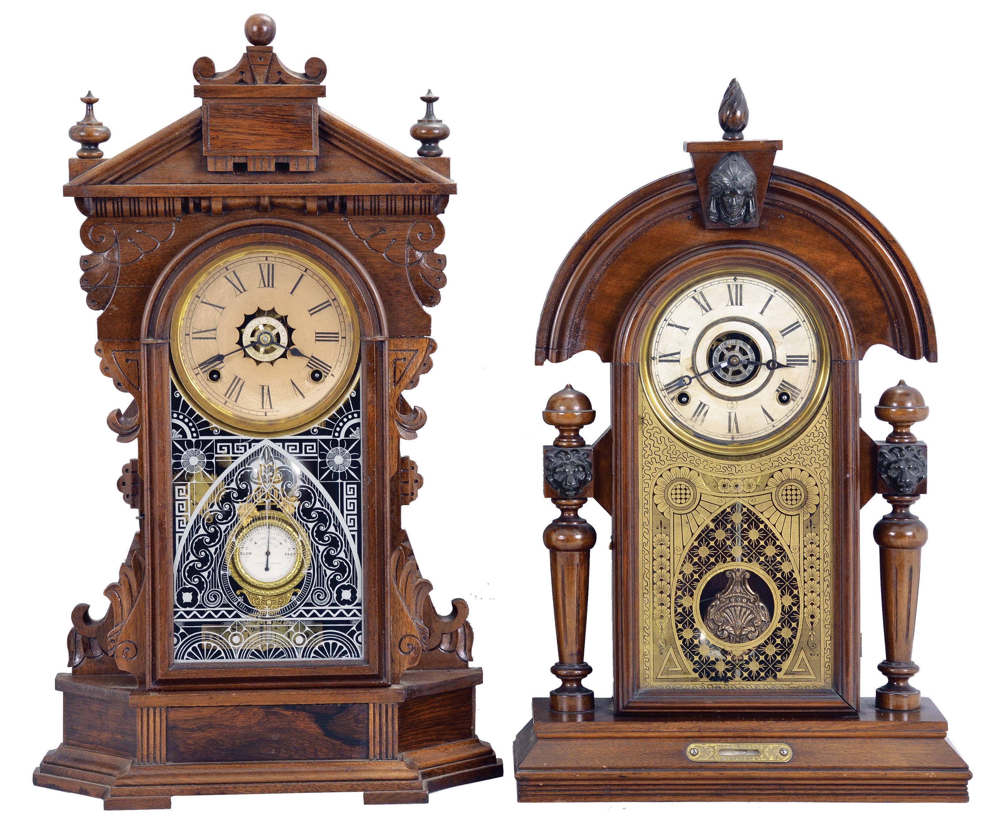 Clocks- 2 (Two): (1) Ansonia Clock Co., New York, "Niagara", 8 day, time, strike and alarm spring brass movement shelf clock, c1895 (2) E. Ingraham & Co., Bristol, Conn., 8 day, time, strike and alarm spring brass movement shelf clock, c1890 This model is very similar to the "King" model made the Ansonia Clock Co. — Antique Clocks Price Guide