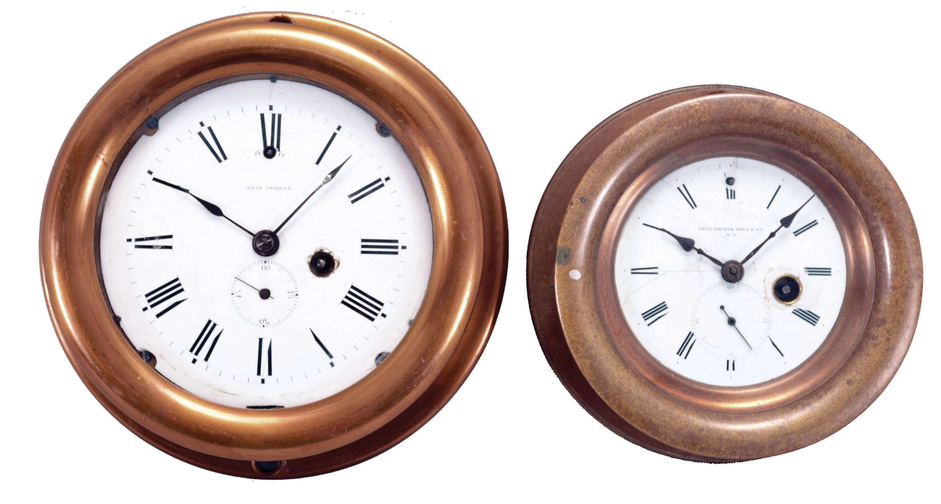 Clocks- 2 (Two) Seth Thomas Marine: (1) Seth Thomas Clock Co., Thomaston, Conn., marine clock, 8 day, time only, spring-driven lever escapement in a brass case with snap bezel, a 4.25 inch white enamel dial with subsidiary seconds, and blued steel hands. (2) Seth Thomas Sons & Co., New York, marine clock, 8 day, time only, spring-driven lever escapement in a brass case with hinged bezel, 3.5 inch white enamel dial with subsidiary seconds, and blued steel hands. — Antique Clocks Price Guide