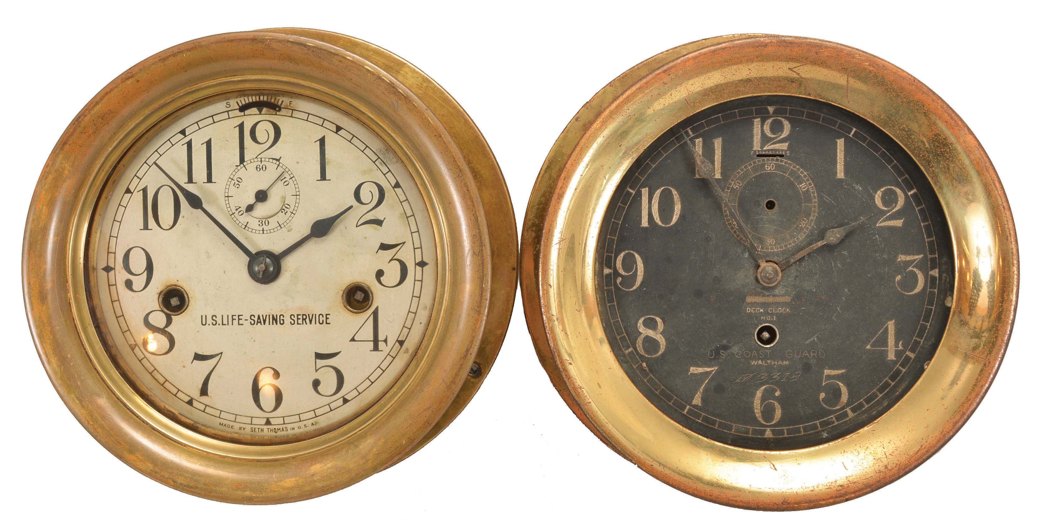 Clocks- 2 (Two) Coast Guard Marine Clocks: (1) Seth Thomas Clock Co., Thomaston, Conn., marine clock, 8 day, time only, twin spring driven balance wheel movement in a brass case with hinged bezel, 6 inch silvered dial reading "U.S. Life-Saving Service", subsidiary seconds and blued steel spade hands. (2) Waltham Clock Co., Waltham, MA, "Deck Clock No. 1", 8 day, time only, spring-driven balance wheel movement in a brass case with screw-on bezel, 6 inch black dial with white numerals, subsidiary seconds dial, and blued steel hands. — Antique Clocks Price Guide