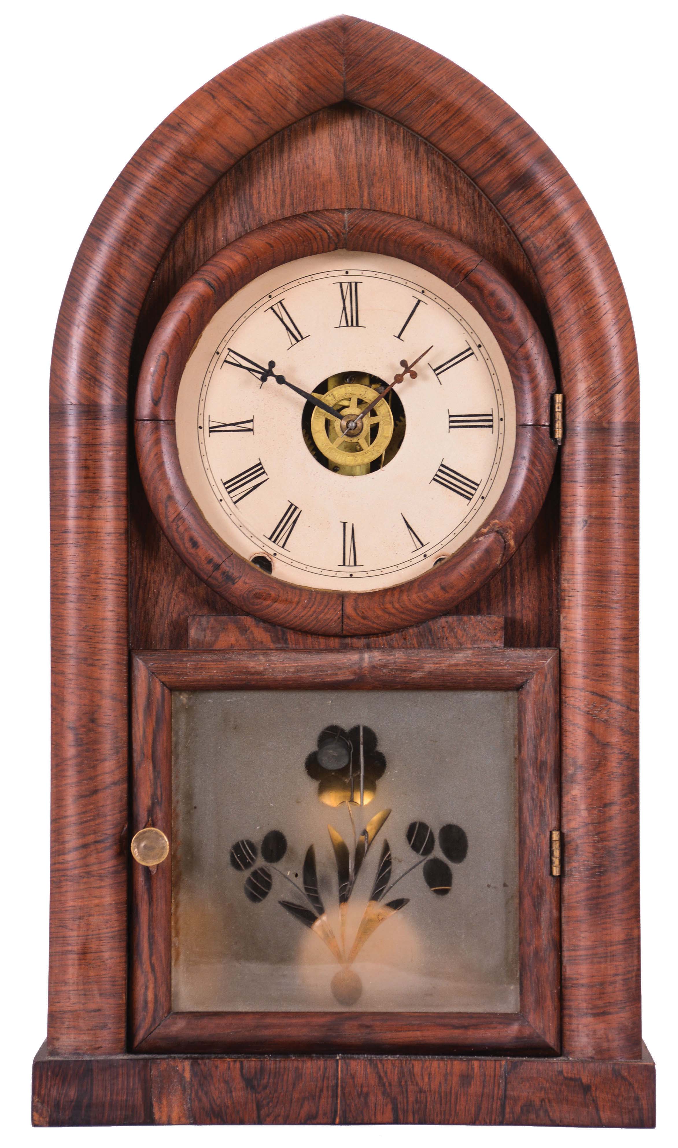 Clocks- 2 (Two): (1) Brewster & Ingrahams, Bristol, Conn., 8 day, time, strike and alarm spring brass movement round gothic or beehive clock. (2) Brewster & Ingrahams, Bristol, Conn., 8 day, time and strike, spring brass movement round gothic or beehive clock. — Antique Clocks Price Guide