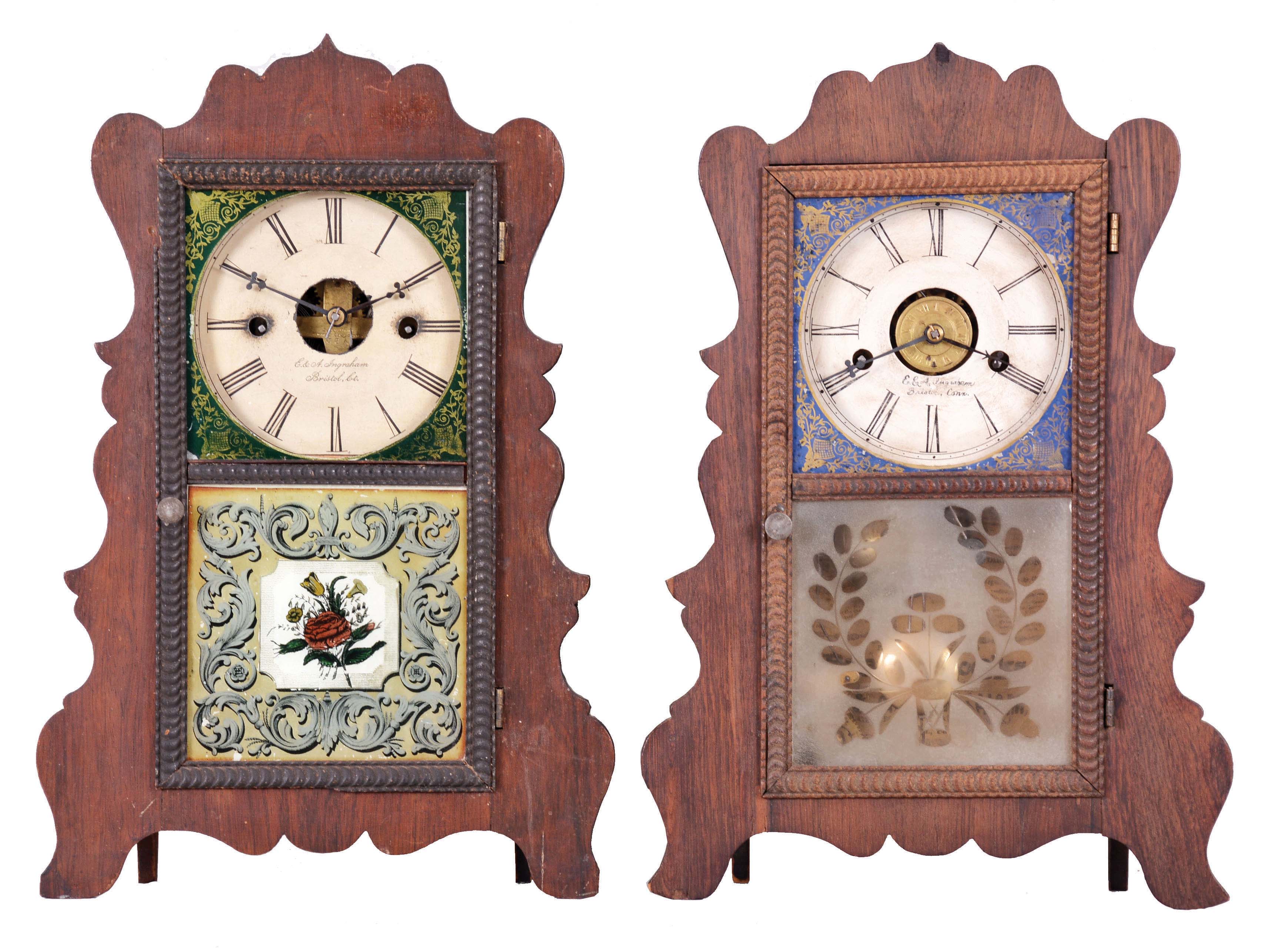 Clocks- 2 (Two): (1) E. & A. Ingraham, Bristol, Conn., 30 hour, time and strike, spring brass movement serpentine front shelf clock c1852. (2) E. & A. Ingraham, Bristol, Conn., 30 hour, time, strike and alarm spring brass movement serpentine front shelf clock c1852. — Antique Clocks Price Guide