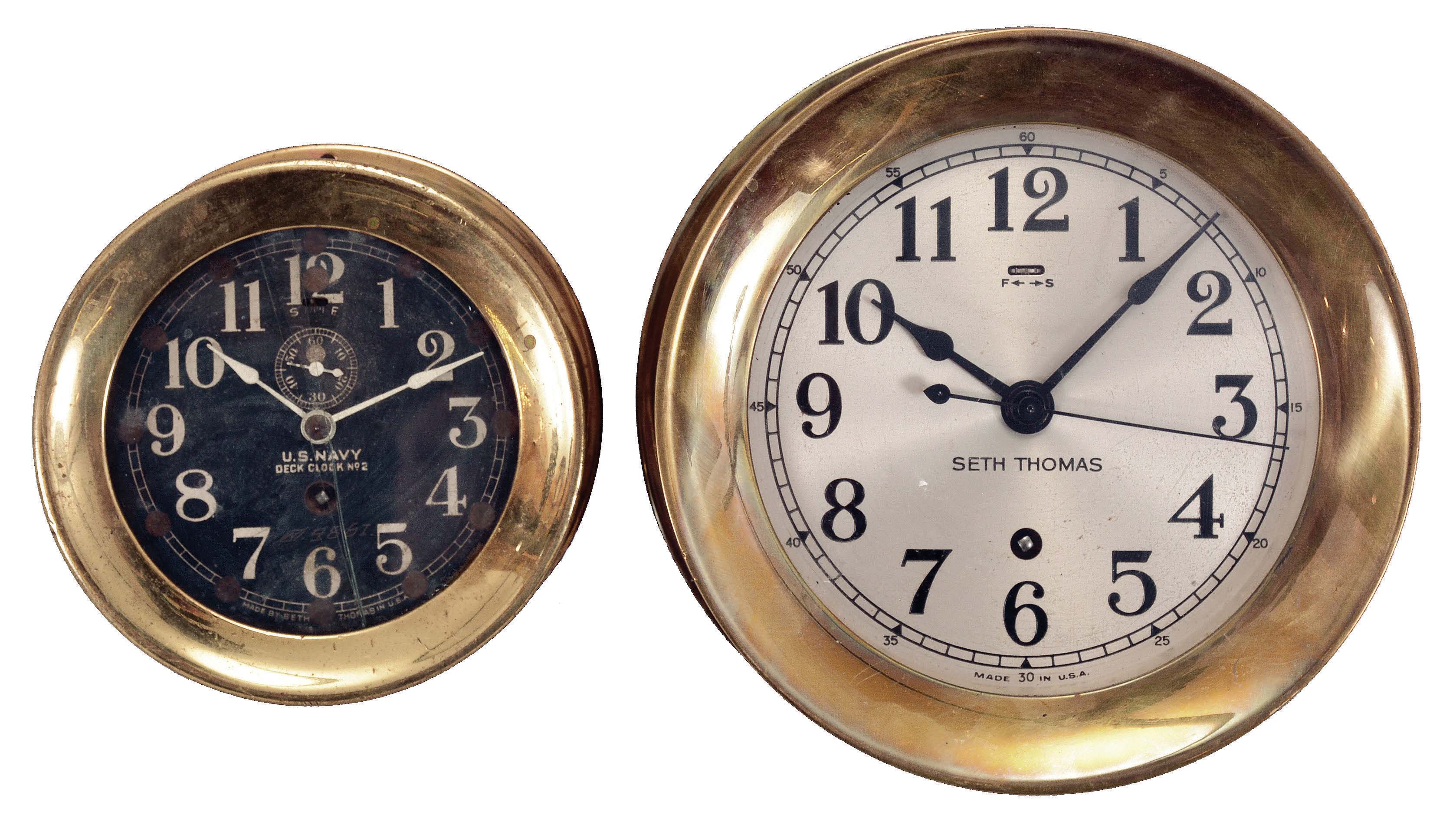 Clocks- 2 (Two) Seth Thomas Marine: (1) Seth Thomas Clock Co., Thomaston, Conn., for U.S. Navy, "Deck Clock No. 2", 8 day, time only, spring-driven balance wheel movement in a brass case with screw-on bezel, 4.5 inch black metal dial with subsidiary seconds, and white spade hands. (2) Seth Thomas Clock Co., Thomaston, Conn., deck or wardroom clock, 8 day, time only, spring-driven movement in a heavy brass case with screw-on bezel, 6 inch silvered dial with center seconds, black steel spade hands. — Antique Clocks Price Guide