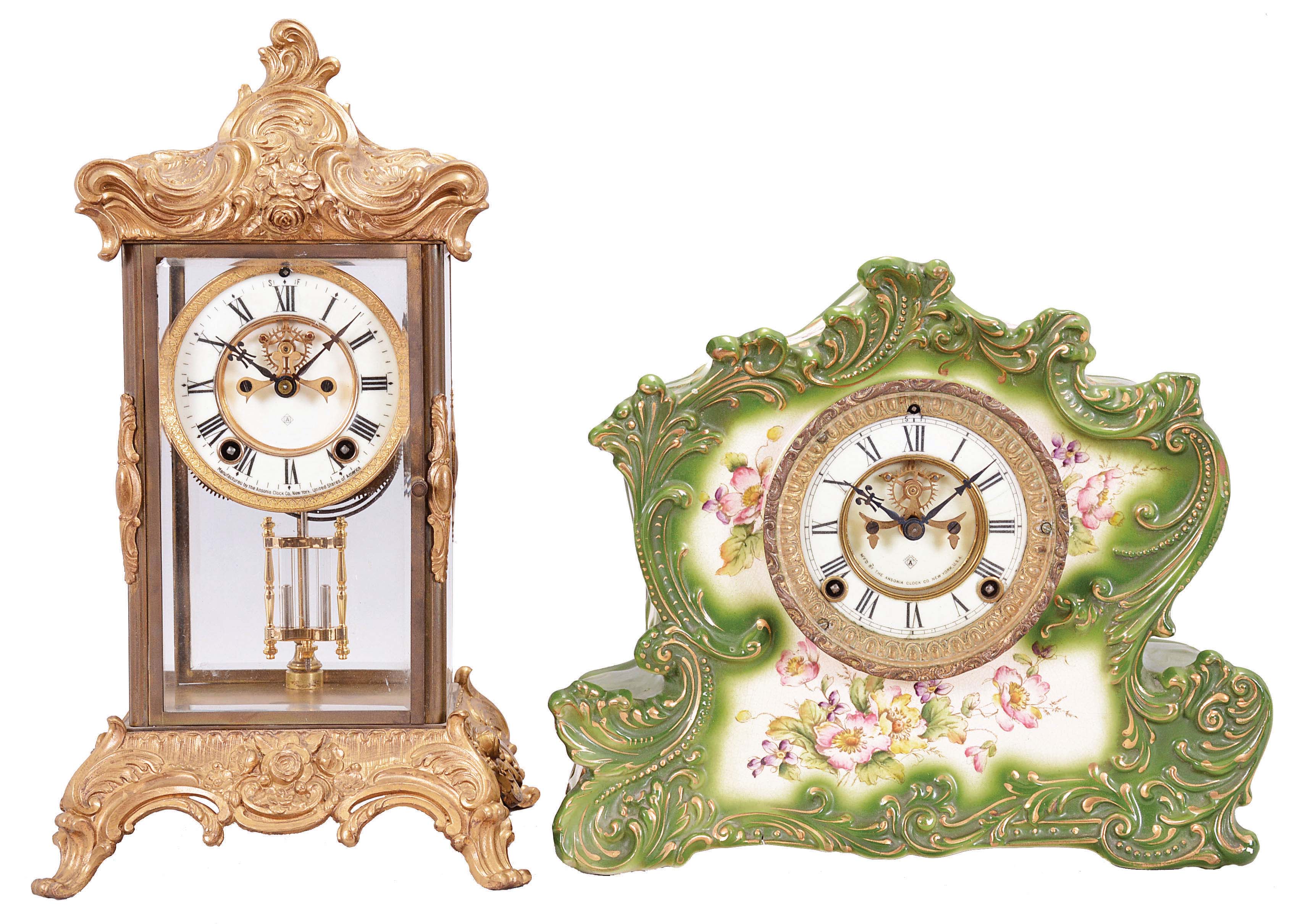Clocks- 2 (Two): (1) Ansonia Clock Co., New York, "Referee" mantel clock, 8 day, time and strike, spring driven movement with a visible Brocot escapement in a green porcelain case with two-piece porcelain dial and blued steel hands, c1901; (2) Ansonia Clock Co., New York, "Zenith" crystal regulator, 8 day time and strike, spring driven movement with visible Brocot escapement in a gilt brass case with four beveled glasses, two-piece porcelain dial and blued steel hands, c1914. — Antique Clocks Price Guide