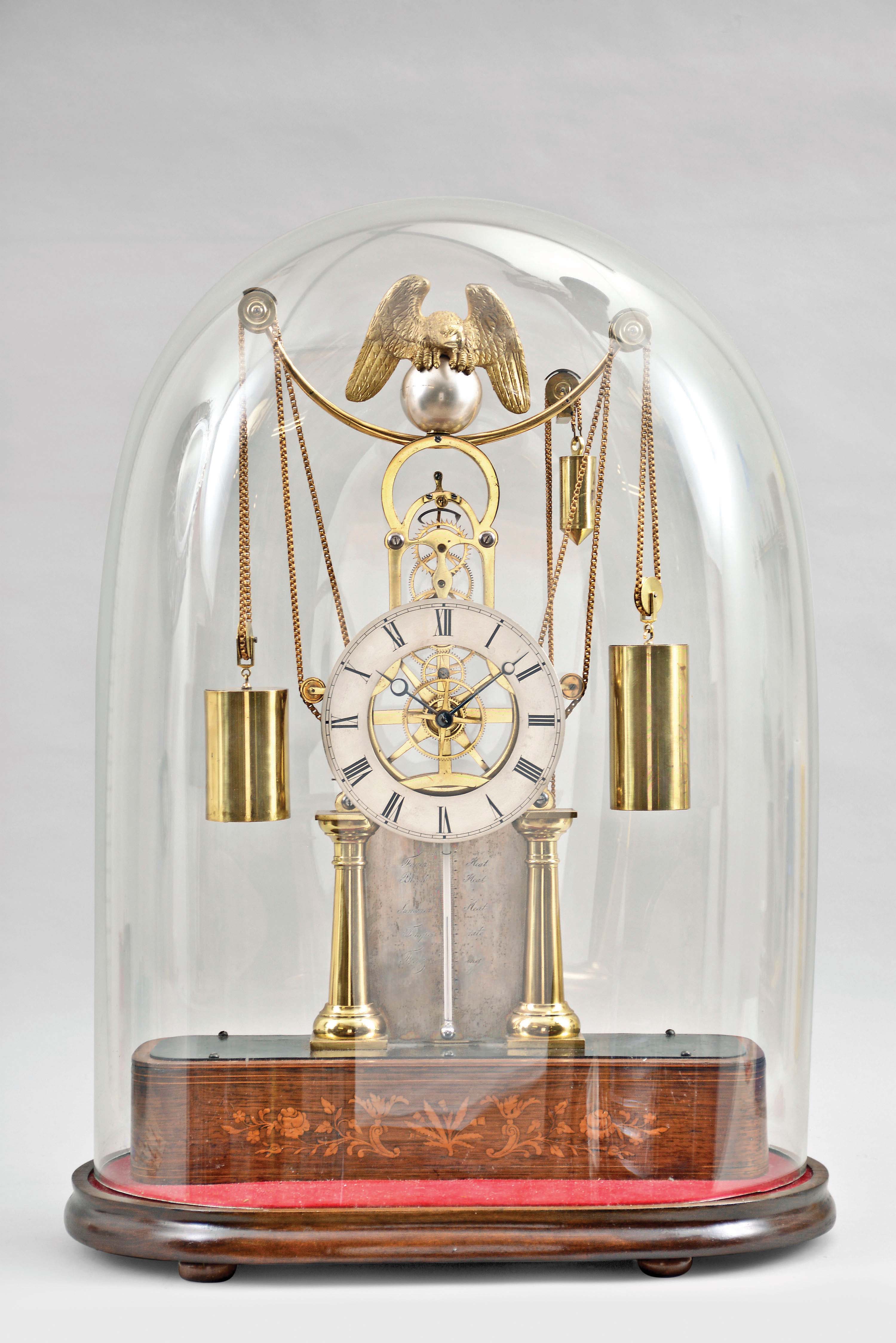 Auguste Moinau et Rolland Degrege, Paris, a good, two day, weight driven skeleton clock with thermometer, a pair of turned columns flanking the silvered thermometer scale, and supporting the well finished, pierced brass frames enclosing the four wheel train with recoil escapement, the back plate signed by the makers and with serial number 16, roman numeral silvered dial with blued steel Breguet style hands, brass clad weight and counterweights suspended from decorated ring link chain, and wound by pulling a cord, all surmounted by a gilt eagle resting on a silvered sphere, and resting on an oblong, inlaid, rosewood veneered base, and contained within a large glass dome with conforming, velvet lined socle — Antique Clocks Price Guide