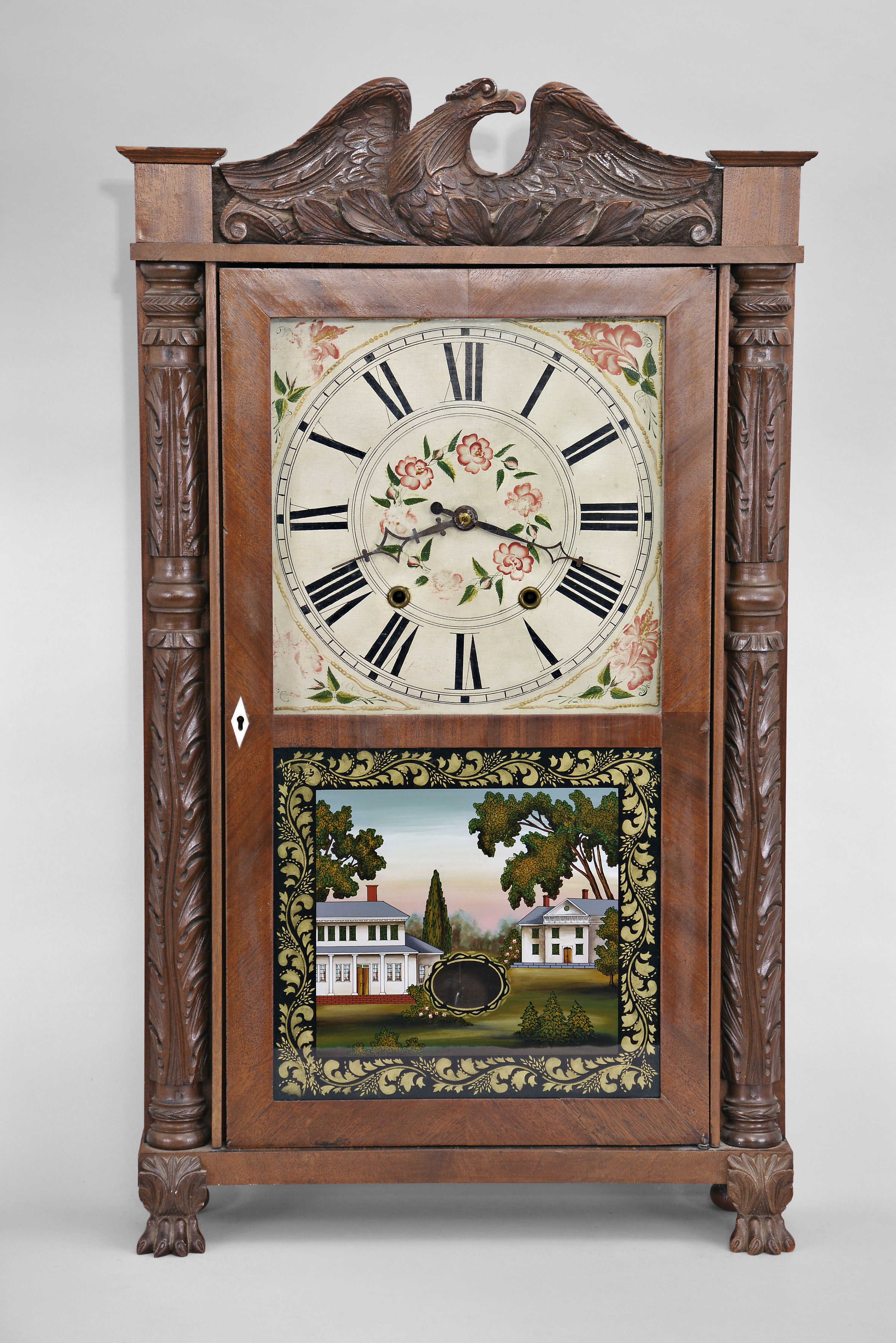 Eli Terry, Jr., Terrysville, Conn., 30 hour, time and strike weight wood movement carved column and eagle splat shelf clock. — Antique Clocks Price Guide