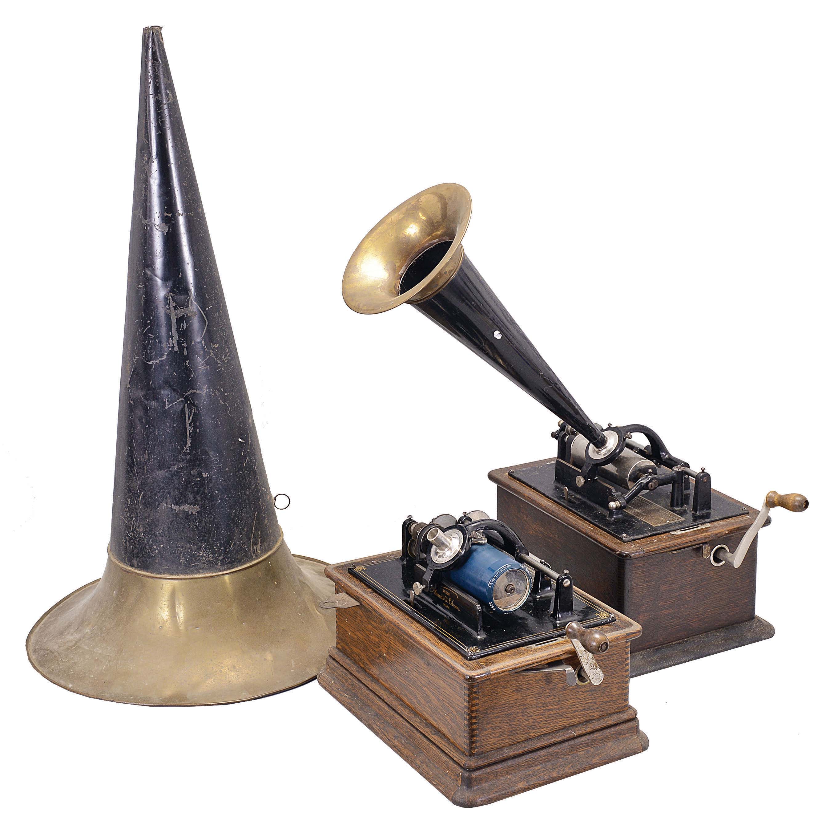 Phonographs- 2 (Two) Thomas A. Edison, Orange, NJ, Edison cylinder phonographs in lidded oak cases with black tin "witch's hat" brass end horns. — Antique Clocks Price Guide