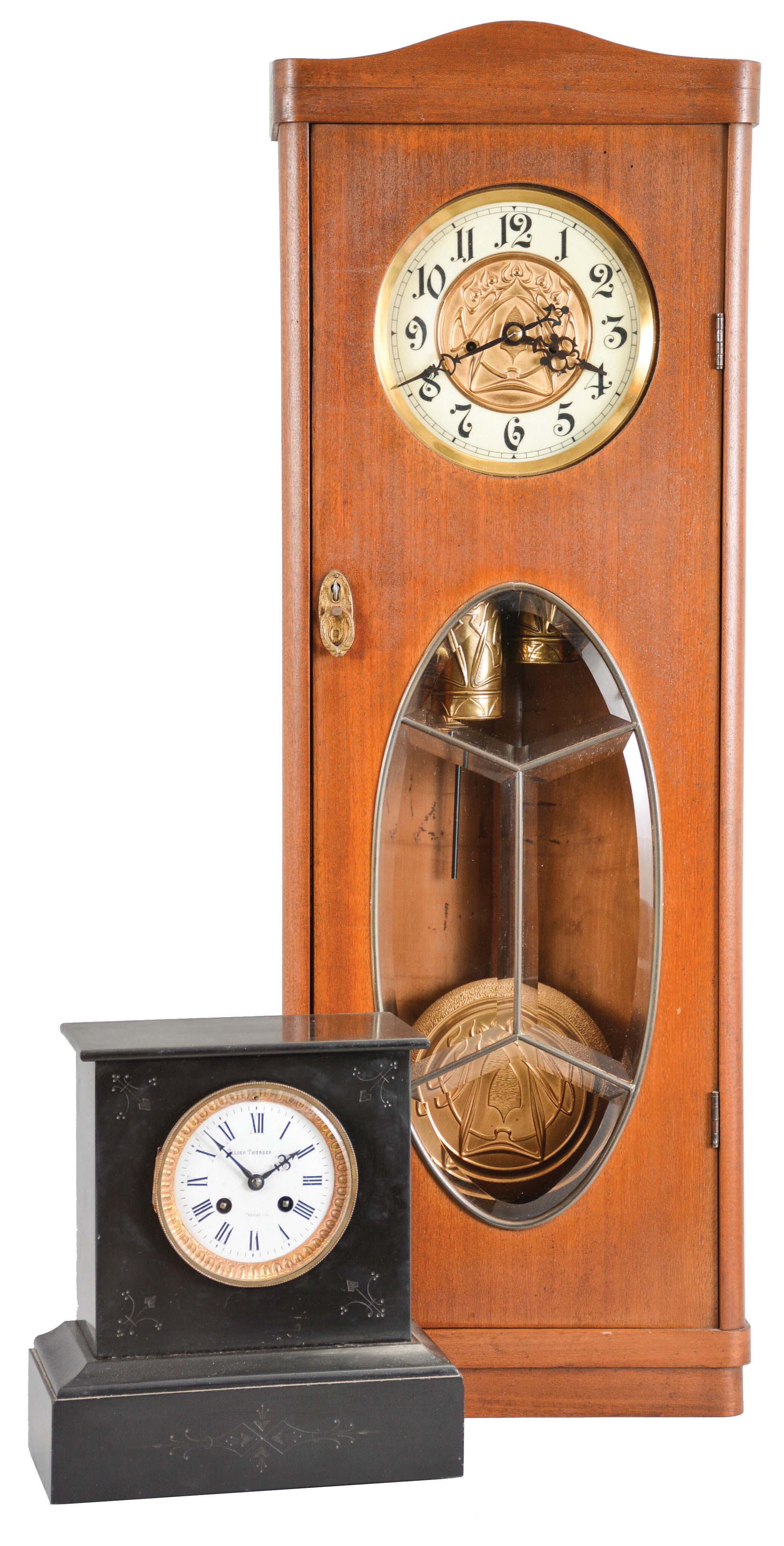Clocks- 2 (Two): (1) Germany, Gustav Becker, 8 day, time and strike, weight brass movement vienna regulator clock c1910 (2) French, 8 day, time and strike, spring brass movement black slate mantel clock retailed by "Tilden Thurber & Co., Providence ". — Antique Clocks Price Guide