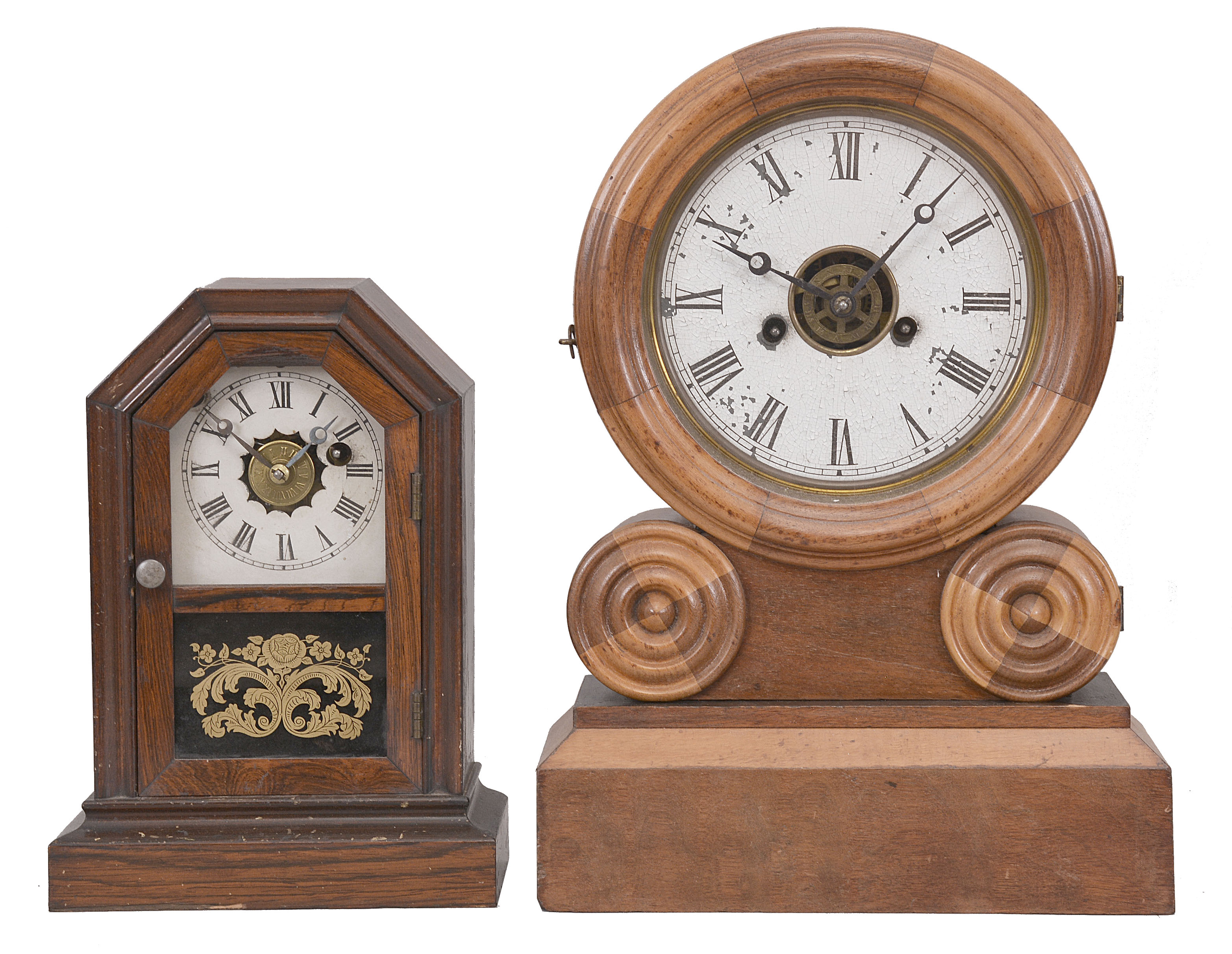 Clocks- 4 (Four): (1) Atkins Clock Co., octagon top cottage clock, 30 hour, time and alarm in a rosewood veneer case, c1875; (2) Connecticut, mantel clock, 8 day, time and strike in Mission style oak case, c1908;(3) E. Ingraham, "Grecian Mosaic", 30 hour, time and strike with alarm in a walnut and maple veneer case, c1873(4) E.N. Welch, "No. 9, Assortment B", 8 day, time and strike with alarm in a walnut case, c1900. — Antique Clocks Price Guide