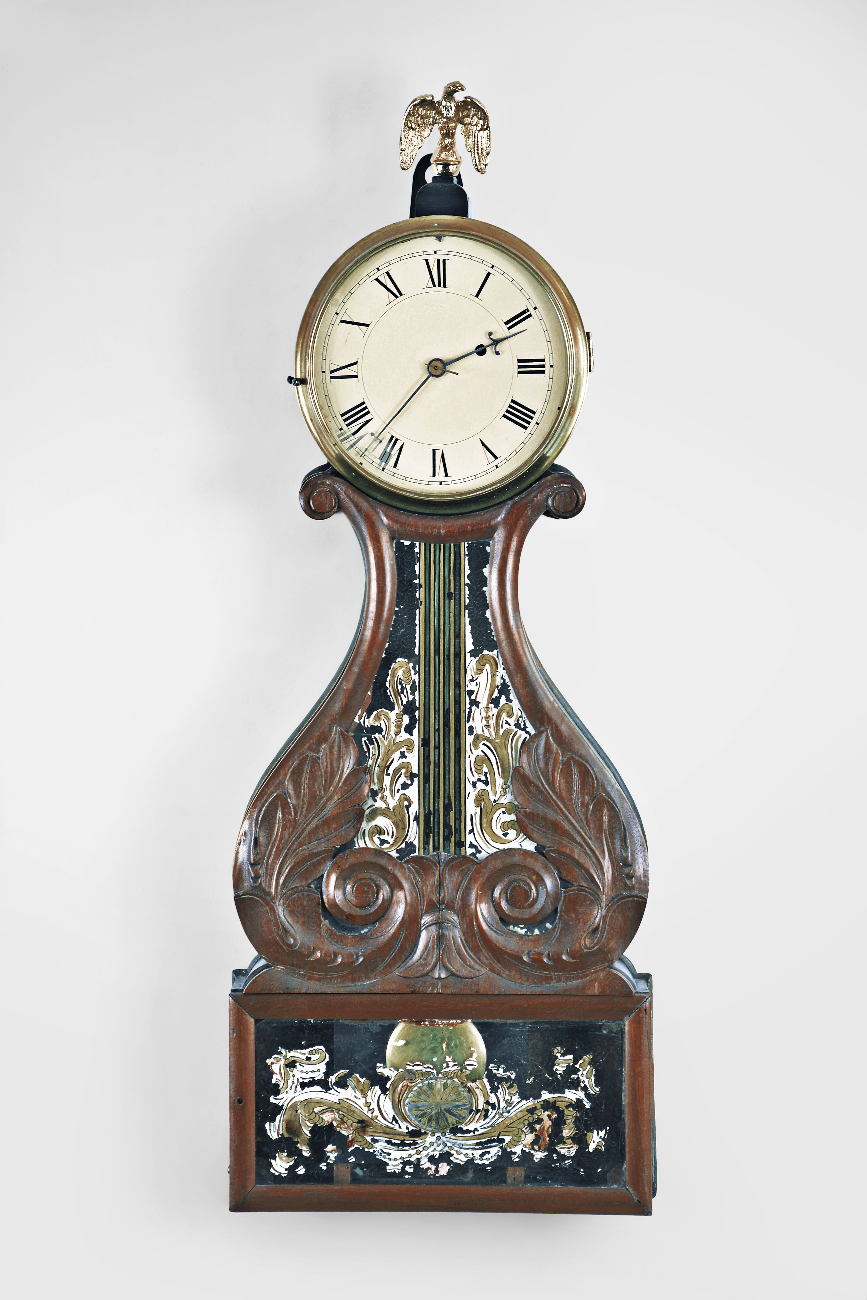 Vermont, Unknown maker, 8 day, weight brass movement Box Lyre form patent or banjo timepiece, c.1824. — Antique Clocks Price Guide