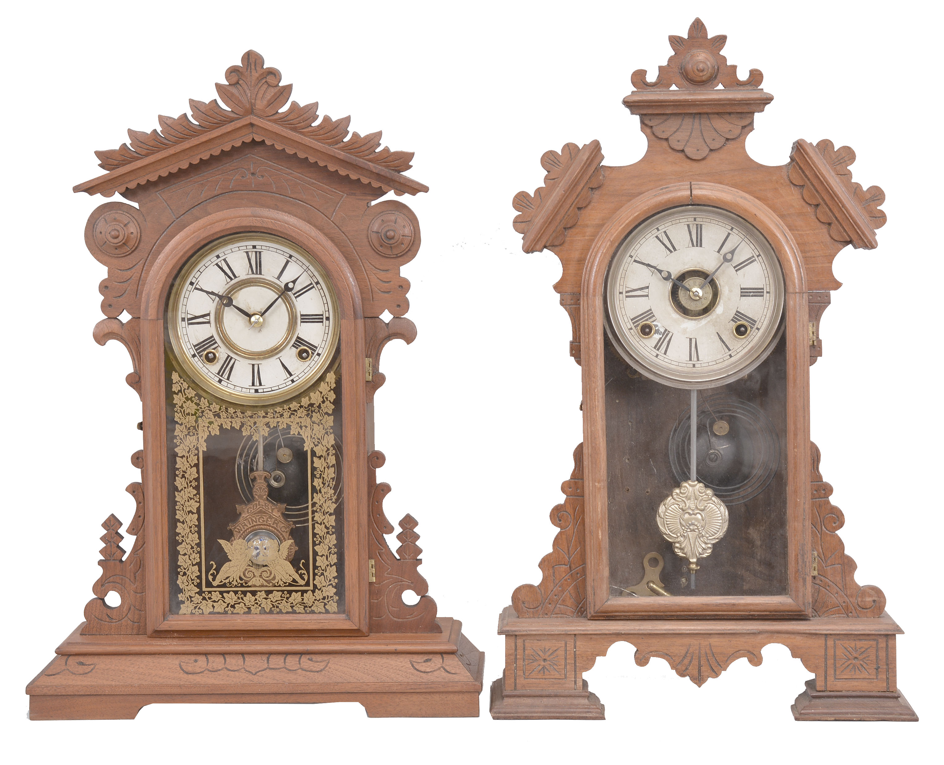 Clocks- 4 (Four): (1) E.N. Welch for Colby Wringer Co., "Colby" mantel clock, 8 day, time and strike in a walnut case, c1886;(2) E.N. Welch, "Hauk" mantel clock, 8 day, time and strike with alarm in a walnut case, c1885; (3) Waterbury Clock Co., "Paris" mantel clock, 8 day, time and strike with alarm in a walnut case, c1891; (4) Connecticut, mantel clock, 8 day, time and strike in a walnut case. — Antique Clocks Price Guide