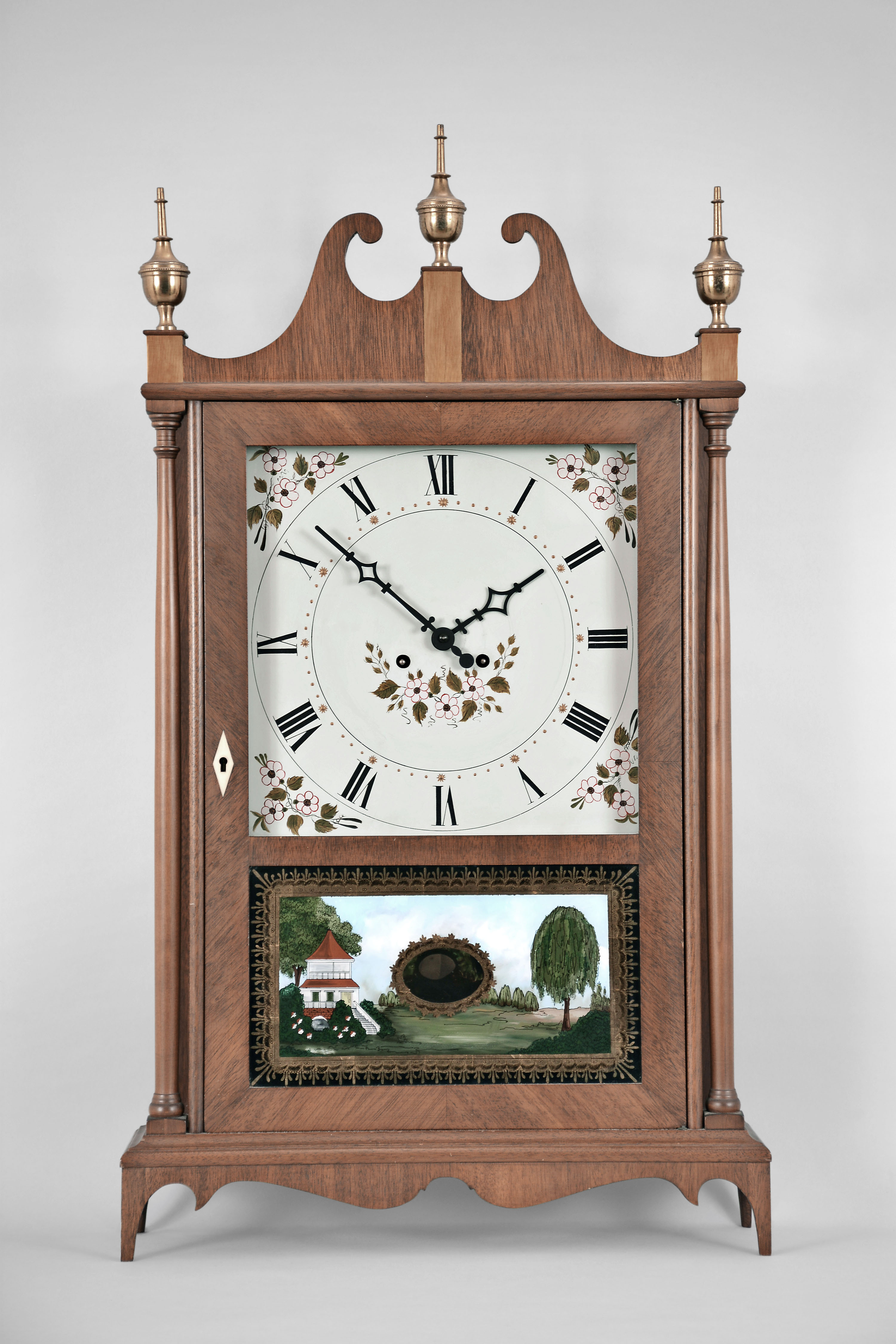 Elmer O. Stennes, Weymouth, Mass., 8 day, time and strike, spring brass movement pillar & scroll shelf clock. It is alleged this is the last clock Stennes made before going to prison. — Antique Clocks Price Guide