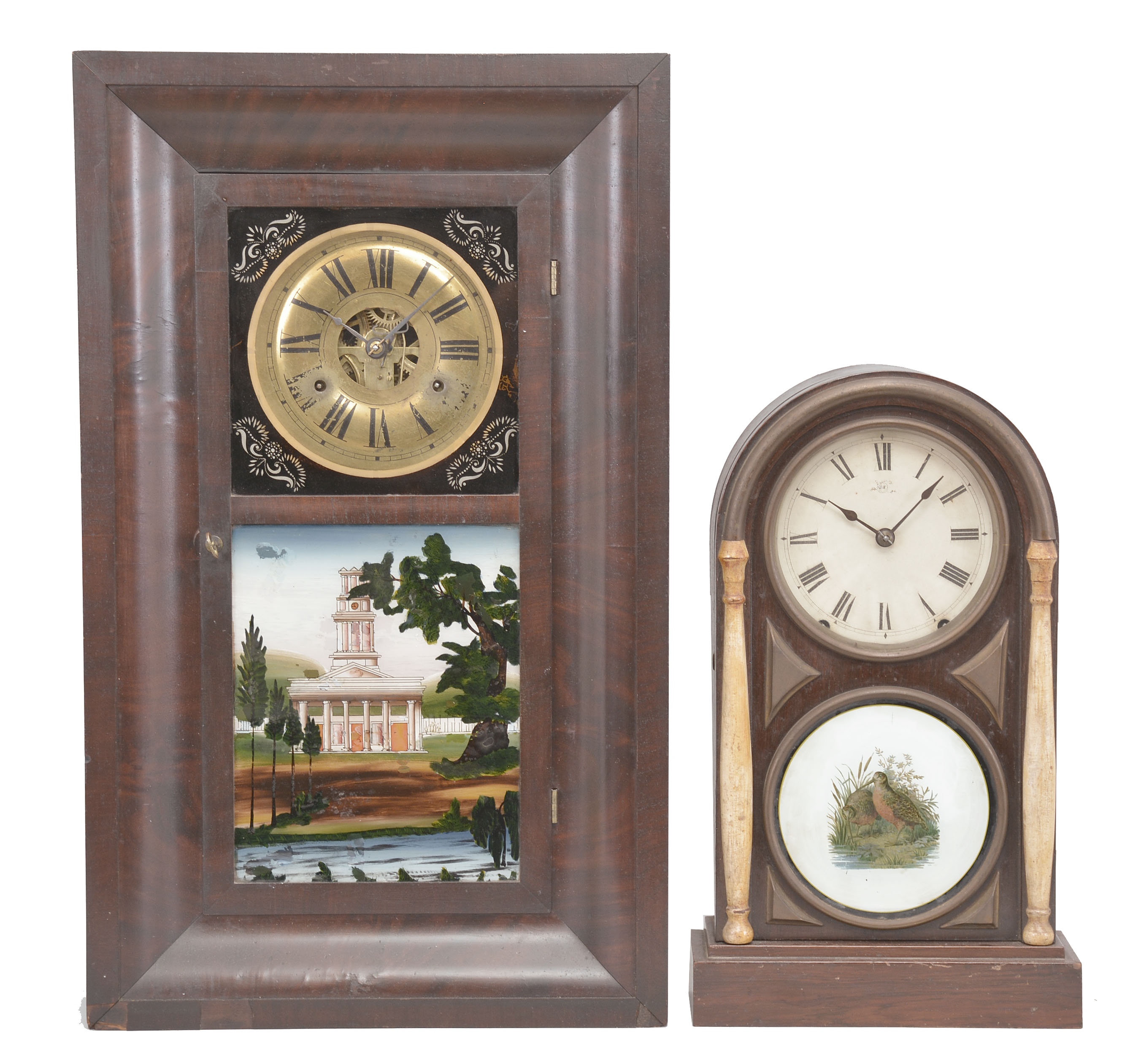 Clocks- 2 (Two): (1) Chauncey Jerome, Bristol, Conn., ogee shelf clock, 30 hour, time and strike, weight driven movement in a rosewood veneered case with brass dial and reverse painted glass tablets, c1840; (2) Seth Thomas Clock Co., Thomaston, Conn., "Chicago" city series mantel clock, 8 day, time and strike, spring driven movement in a rosewood veneered case, c1891. — Antique Clocks Price Guide