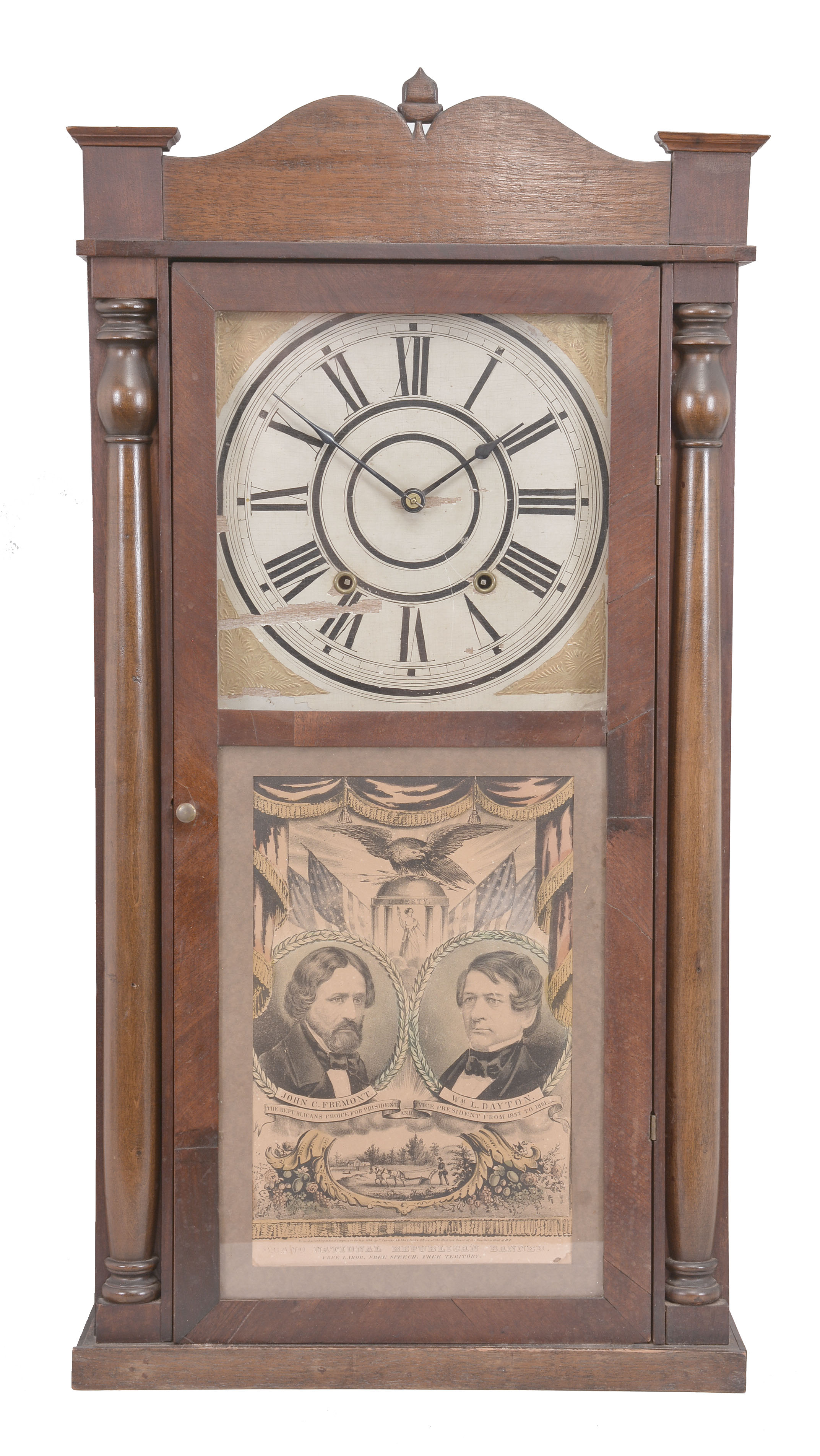 Clocks- 4 (Four): (1) Williams, Orton, Preston & Co., Farmington, Conn., half column and splat shelf clock, 30 hour, time and strike, wooden movement, c1838; (2) Seth Thomas Clock Co., "Kitchen" clock, 8 day, time and strike, spring driven movement in a walnut veneer case, c1875; (3) Three weight German cuckoo with dancers and Swiss musical movement, c1980; (4) F. Marti, France, black mantel clock, 8 day, time and strike with visible escapement in a black slate case with red marble insets, c1889. — Antique Clocks Price Guide