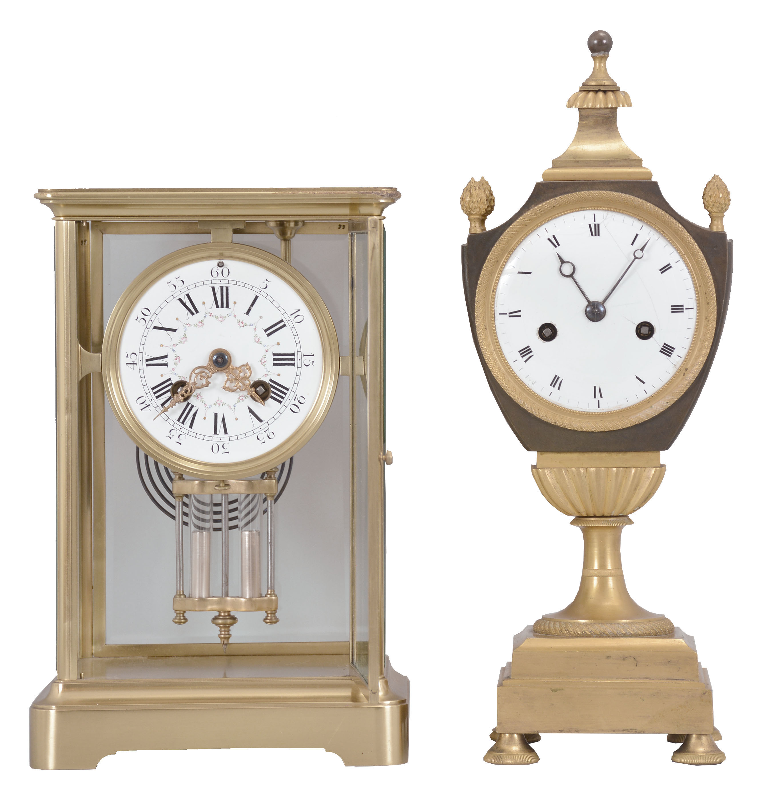 Clocks- 2 (Two) (1) French, Japy Freres, 8 day, time and strike spring brass movement crystal regulator mantel clock. c1900 (2) French, Unknown, 8 day, time and strike spring brass movement with silk thread suspension Urn form mantel clock. c1840 — Antique Clocks Price Guide