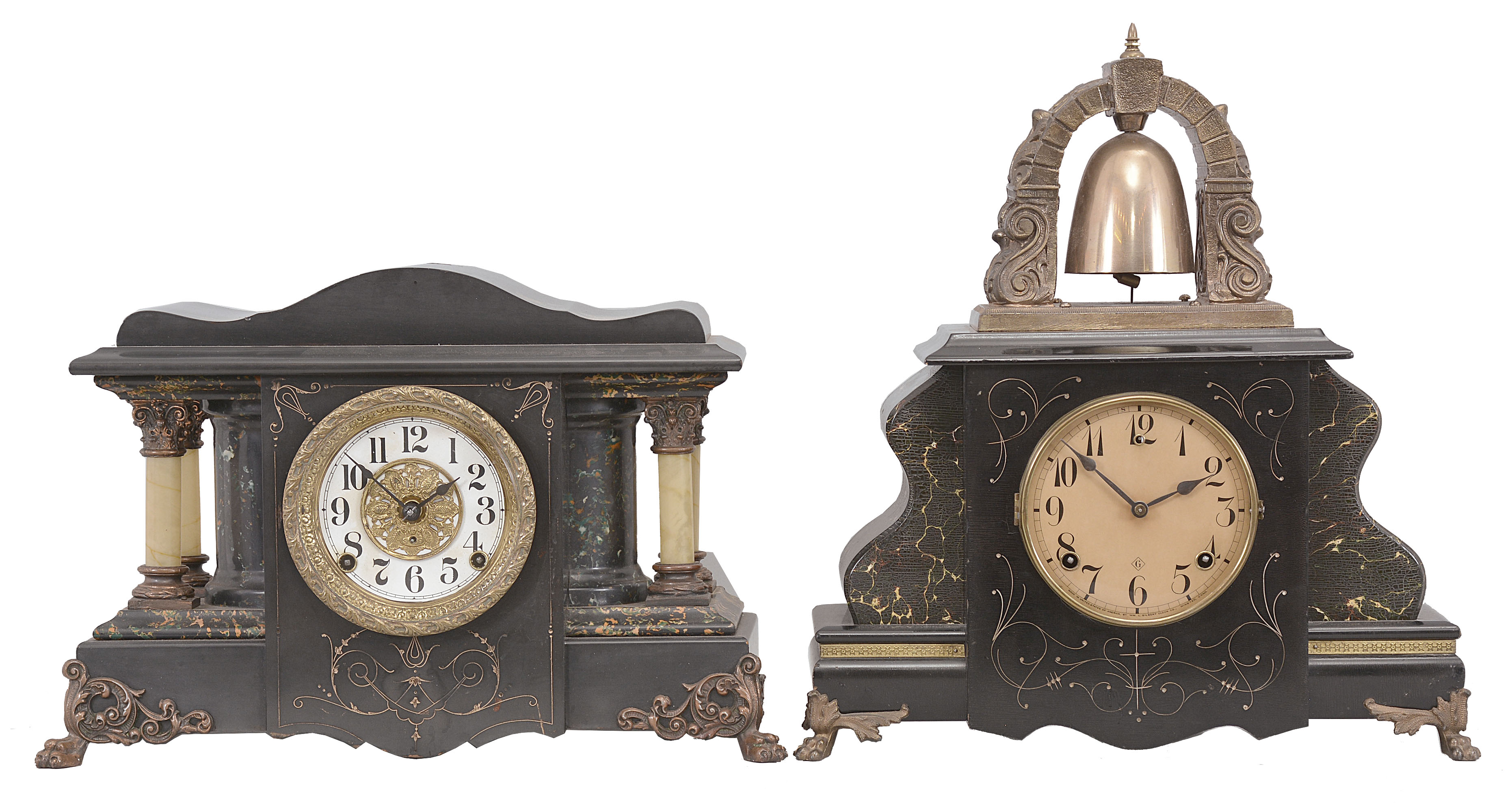 Clocks- 4 (Four): (1) Seth Thomas Clock Co., mantel clock, 8 day, time and strike, spring driven movement in an Adamantine case, c1914; (2) William L. Gilbert, "No. 2200" mantel clock, 8 day, time and strike, spring driven movement in a black case, c1900; (3) Winsted Clock Co., "Odin" mantel clock, 8 day, time and strike, spring driven movement in a wood case, c1900; (4) Ansonia Clock Co., "Grenada" mantel clock, 8 day, time and strike, spring driven movement in a black iron case with optional spelter figure, c1904. — Antique Clocks Price Guide