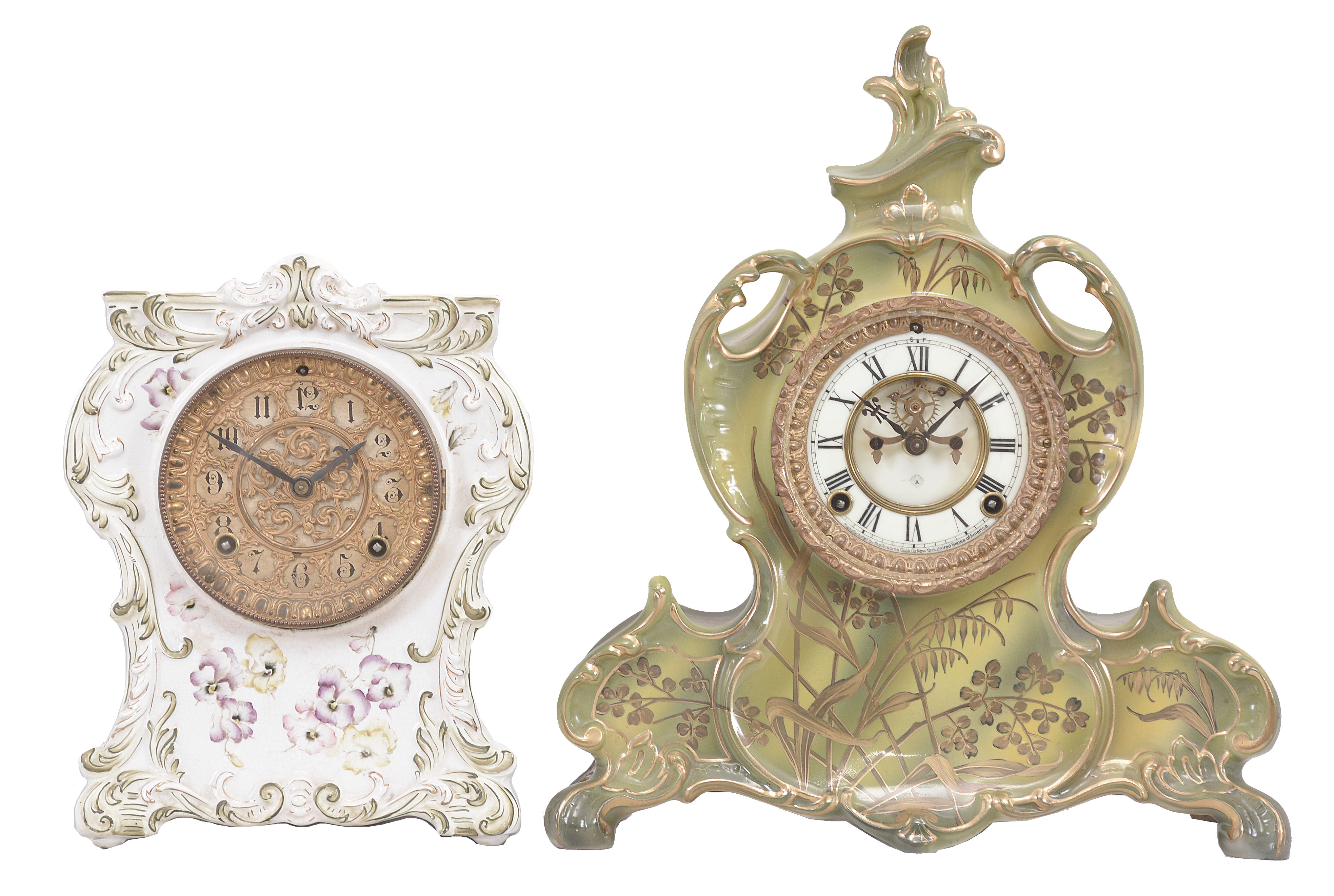 Clocks- 2 (Two) Ansonia Clock Co., New York, 8 day, time and strike, spring driven movements: (1) "Chicopee" with a white porcelain case, c1901; (2) "La Vendee" with visible escapement in a green Royal Bonn case, c1904. — Antique Clocks Price Guide